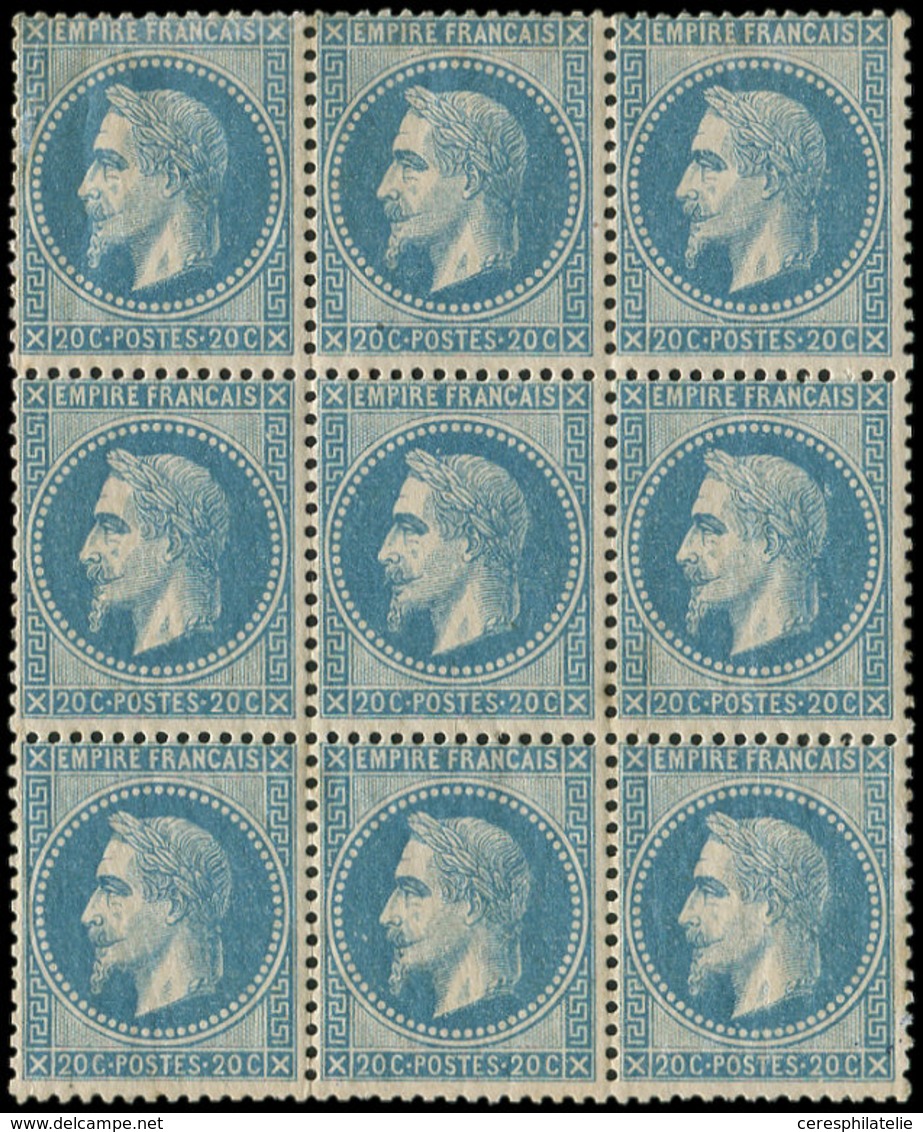 * EMPIRE LAURE - 29B  20c. Bleu T II, BLOC De 9, Gomme En Partie Altérée, Sinon TB - 1863-1870 Napoléon III Con Laureles