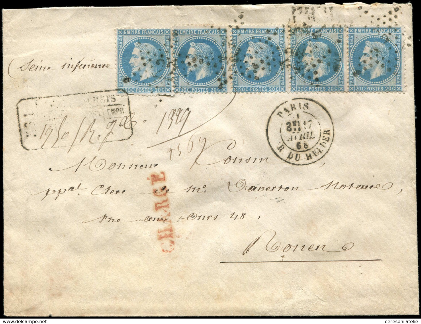 Let EMPIRE LAURE - 29A  20c. Bleu, T I, BANDE De 4 Et Unité, Obl. Etoile 22 S. Env. CHARGE, Càd R. Du Helder 17/4/68, De - 1863-1870 Napoléon III Con Laureles