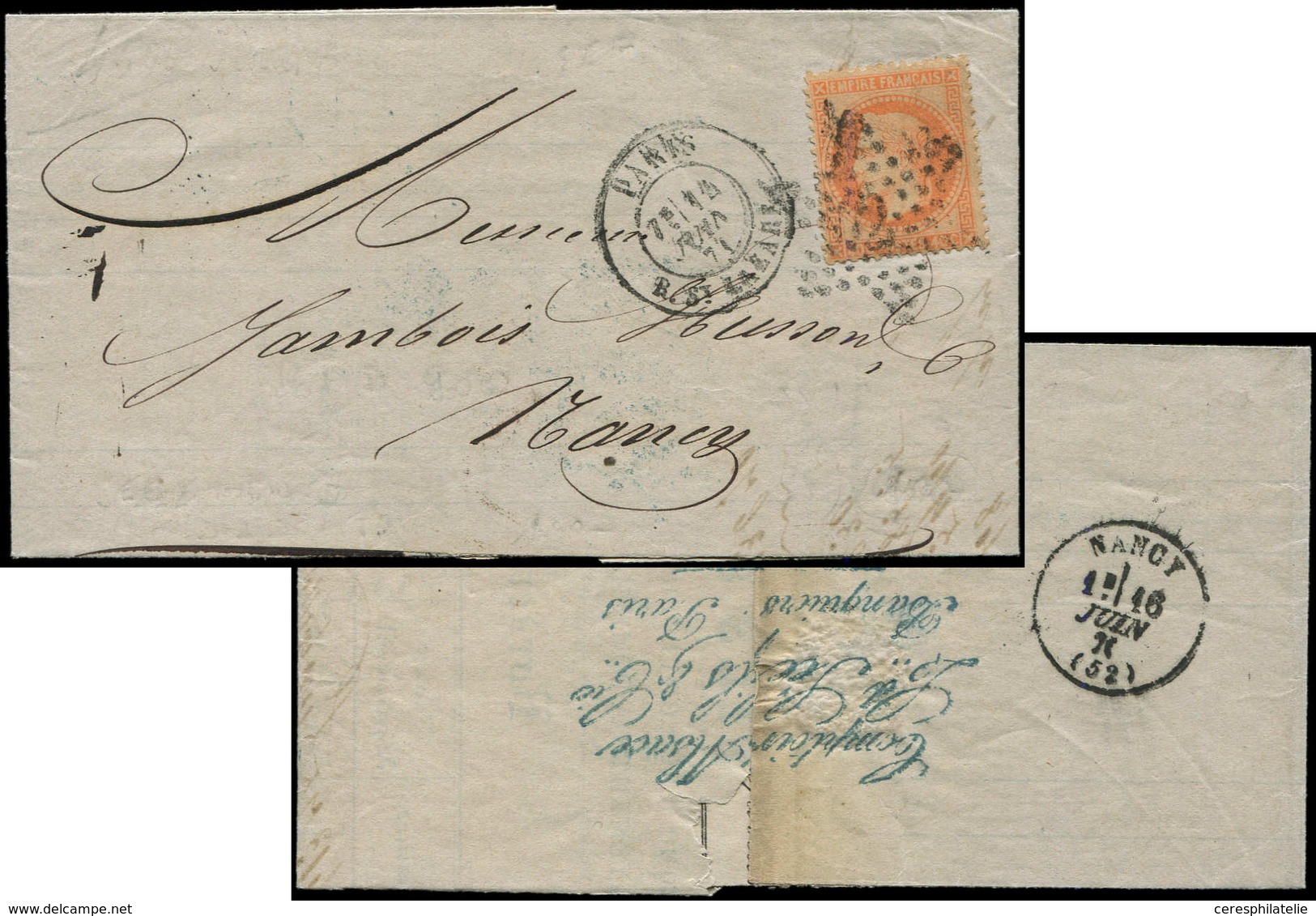 Let EMPIRE LAURE - 31   40c. Orange, SEE FILS PARIS Au Verso, Obl. Etoile 2 R. St Lazare 14/2/71 S. LAC, Arr. NANCY, TB - 1863-1870 Napoléon III Con Laureles