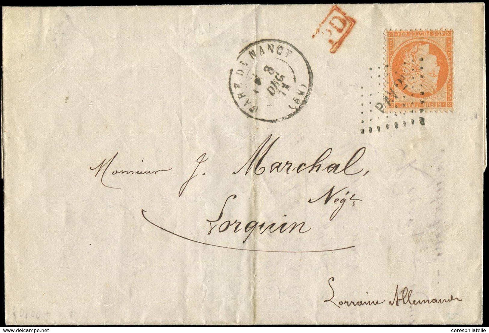 Let SIEGE DE PARIS - 38   40c. Orange Obl. Los. PAV2e S. LAC, Càd GARE DE NANCY 3/12/72, Arr. Càd ALLEMAND AVRICOURT 3/1 - 1870 Asedio De Paris