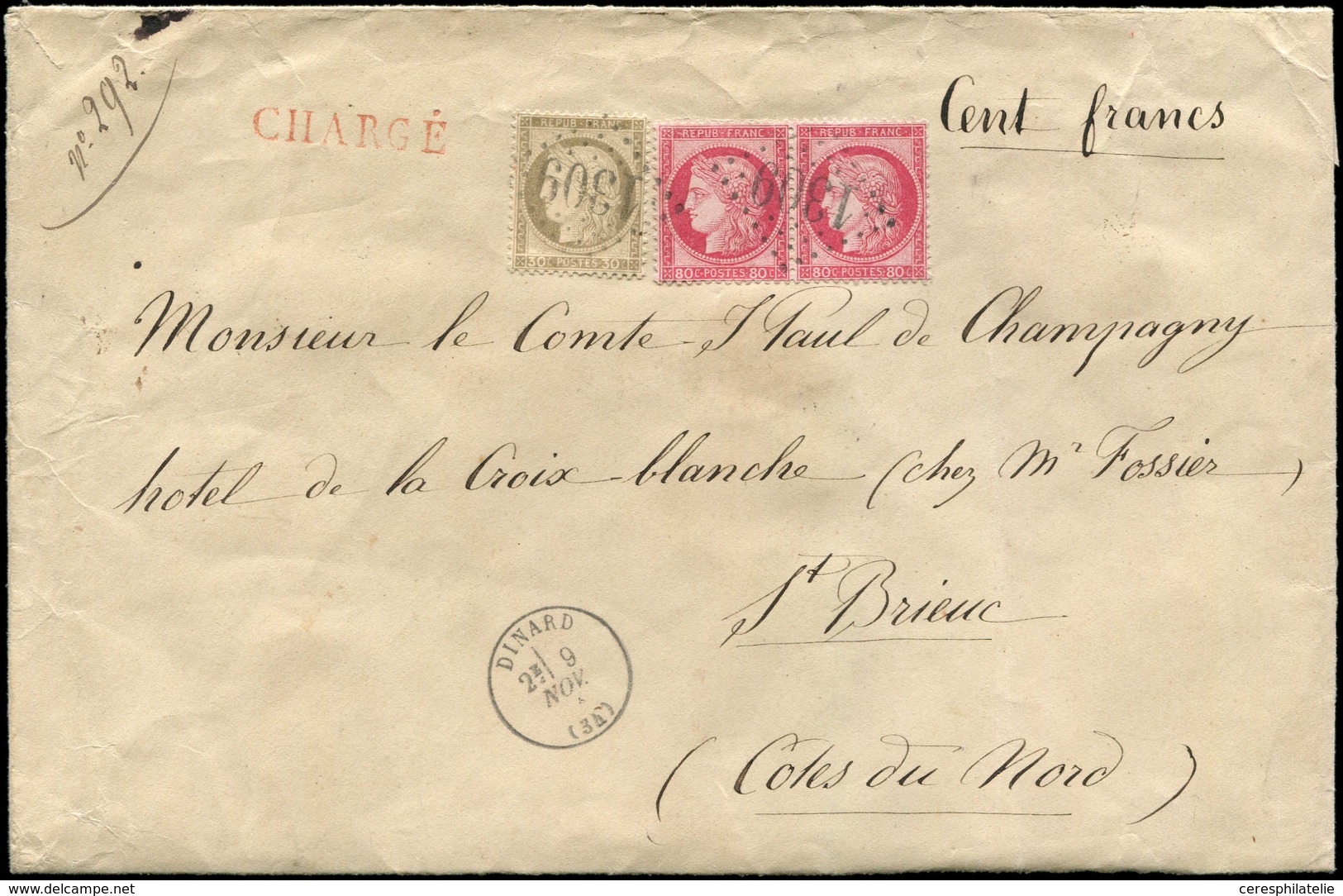 Let CERES DENTELE - 56 Et 57, 30c. Brun Et 80c. Rose PAIRE, Obl. GC 1309 S. Env. CHARGE Au 4e échelon, Càd T16 DINARD 9/ - 1871-1875 Ceres