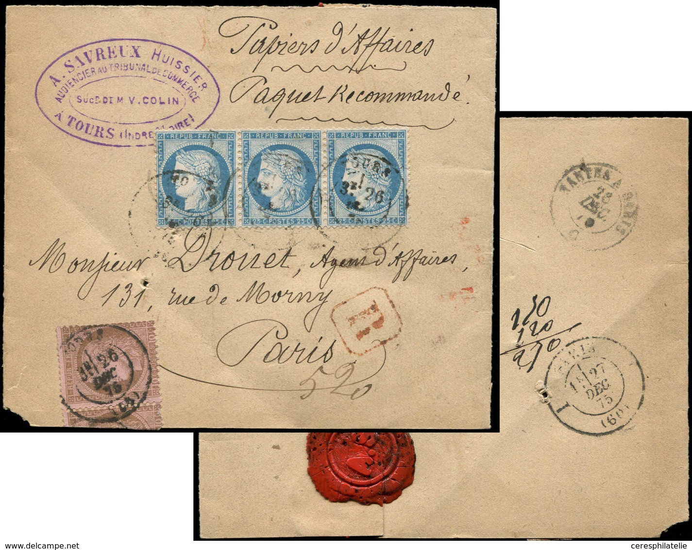 Let CERES DENTELE - 58 Et 60C, 10c. Brun Sur Rose PAIRE (1 Ex. Déchiré) Et 25c. Bleu T III BANDE De 3 Obl. Càd T17 TOURS - 1871-1875 Ceres