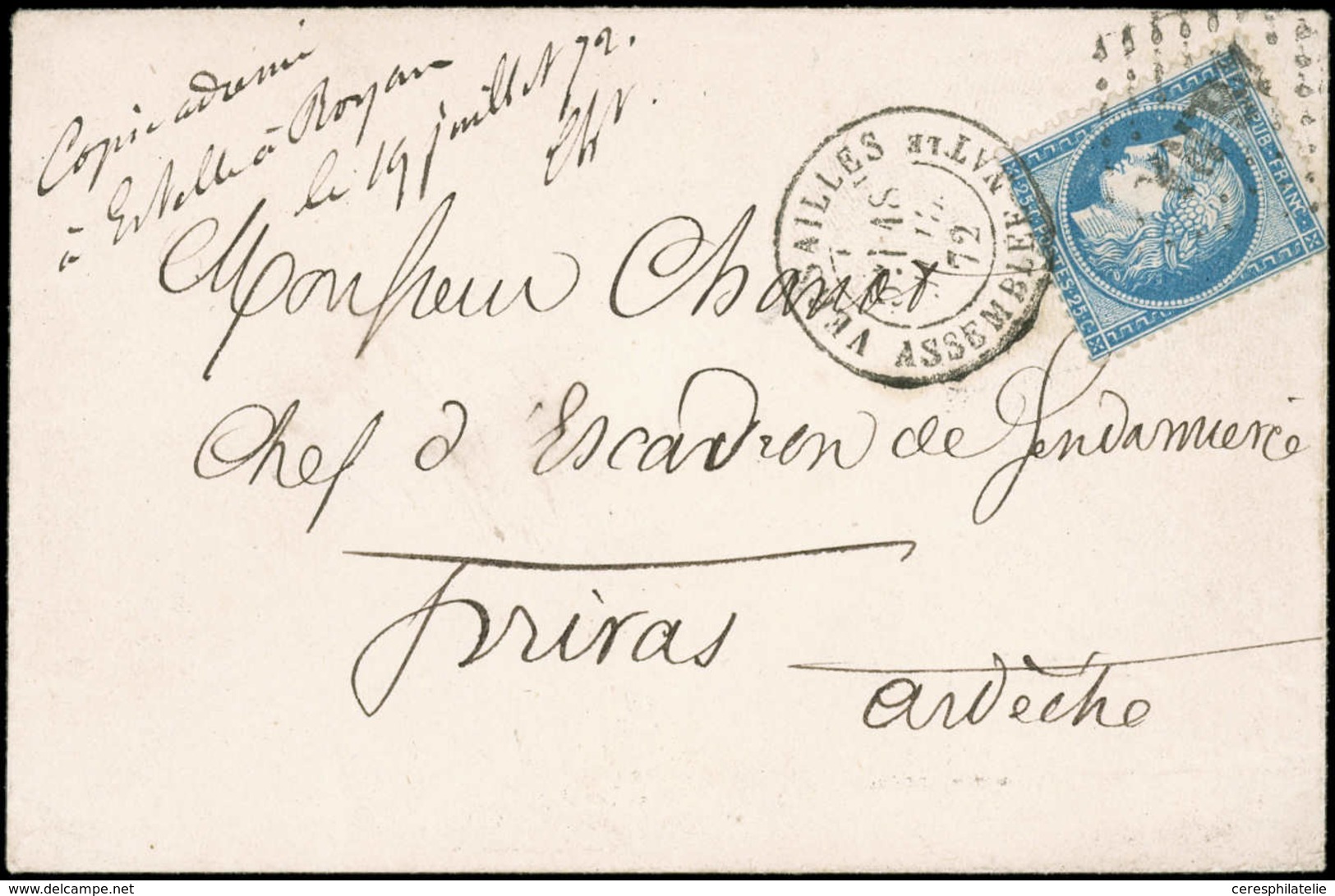 Let CERES DENTELE - 60A  25c. Bleu T I, Obl. AS.NA S. Env., Càd VERSAILLES ASSEMBLEE NATle, TTB - 1871-1875 Ceres