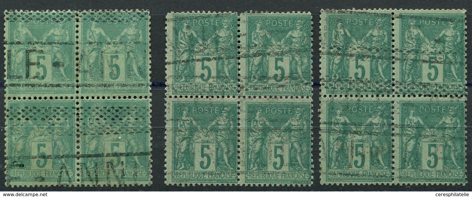 TYPE SAGE - 75    5c. Vert, 3 BLOCS De 4 Obl. Roulettes ANNULE De Caisse D'Epargne, TB - 1876-1878 Sage (Type I)