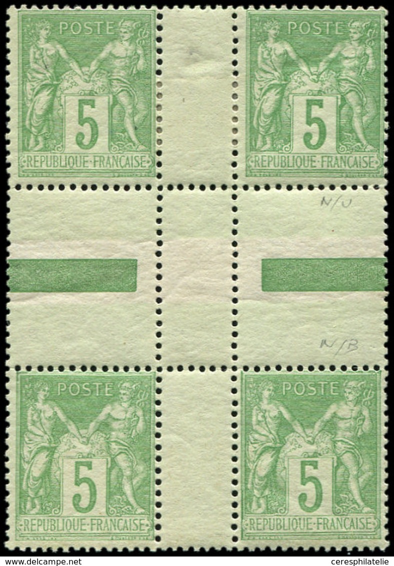 ** TYPE SAGE - 106a  5c. Vert-jaune, T II Et I Se Tenant Dans Un BLOC De 4 Interp. En Croix, 2 Ex. *, TB - 1876-1878 Sage (Type I)