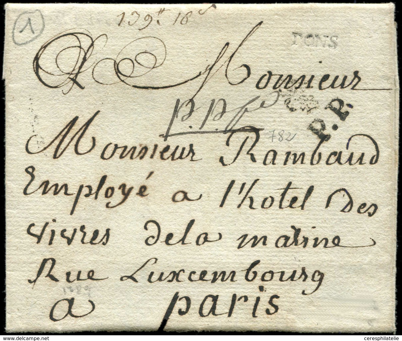Let OBLITERATIONS PAR DEPARTEMENTS - 16/CHARENTE INFERIEURE MP PONS S. LAC De 1788, Marque Manuscrite "p.payé" Et MP Fle - 1849-1876: Periodo Clásico
