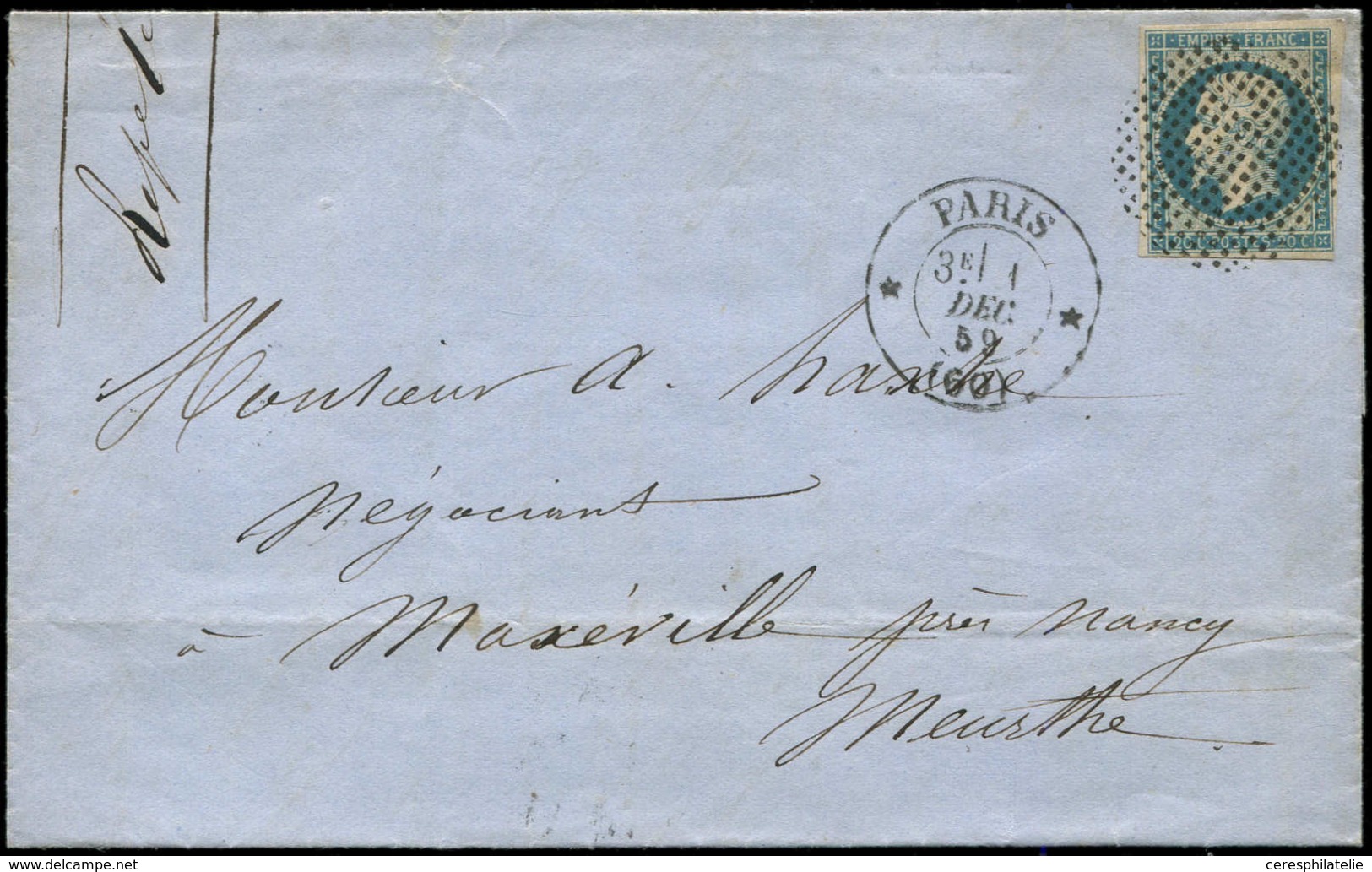 Let LETTRES DE PARIS - N°14A Obl. ROND De POINTS S. LAC, Càd T1355 * PARIS * 1/12/59, TTB - 1849-1876: Klassik