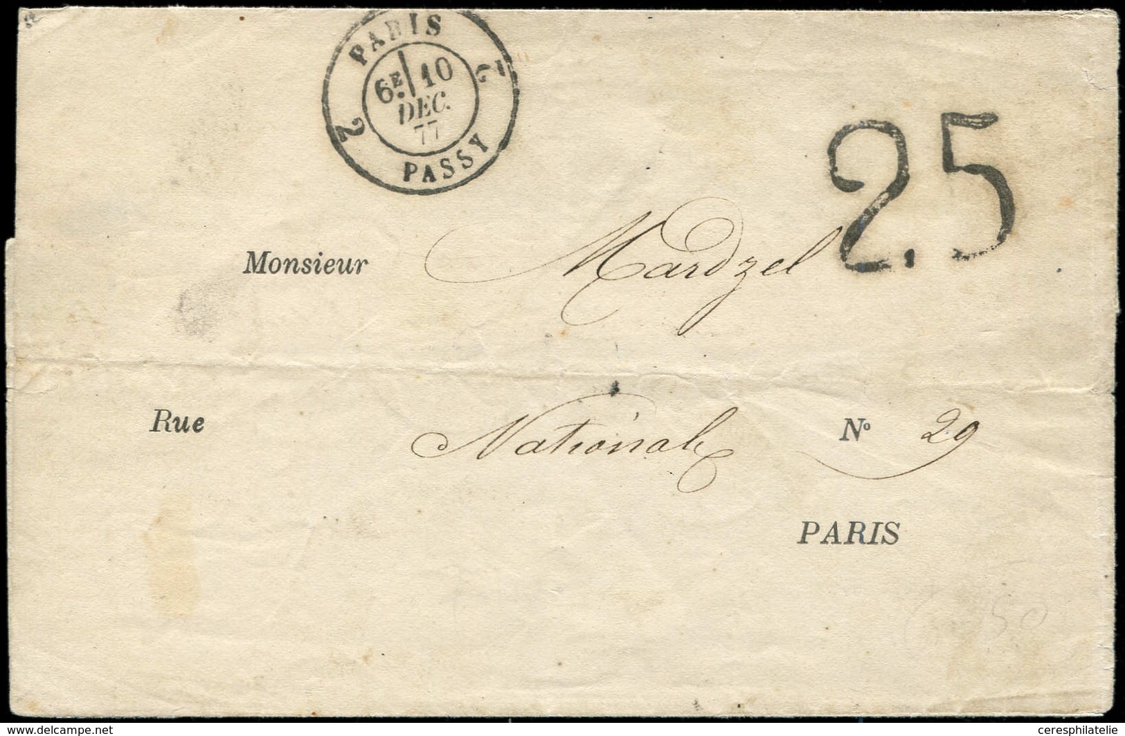 Let LETTRES DE PARIS - Taxe 25 De Confection Locale Sur LSC, Càd PARIS/2 PASSY 2 16/12/77, R Et TB - 1849-1876: Periodo Clásico