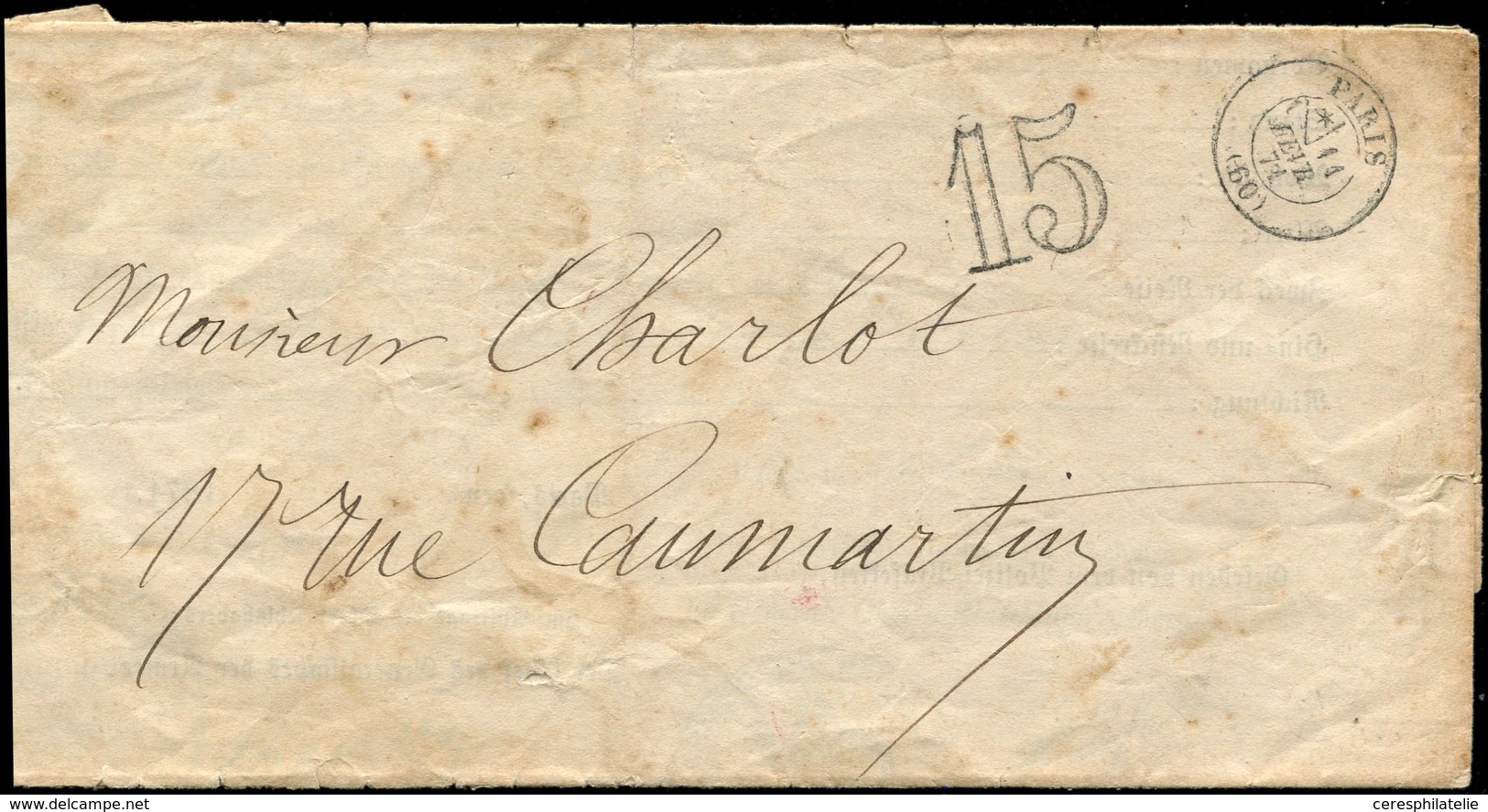 Let LETTRES DE PARIS - Rare Càd PARIS (60) */11/2/71 S. Laissez-passer, Taxe 15 DT, Le Document A Souffert Mais Frappes  - 1849-1876: Periodo Clásico