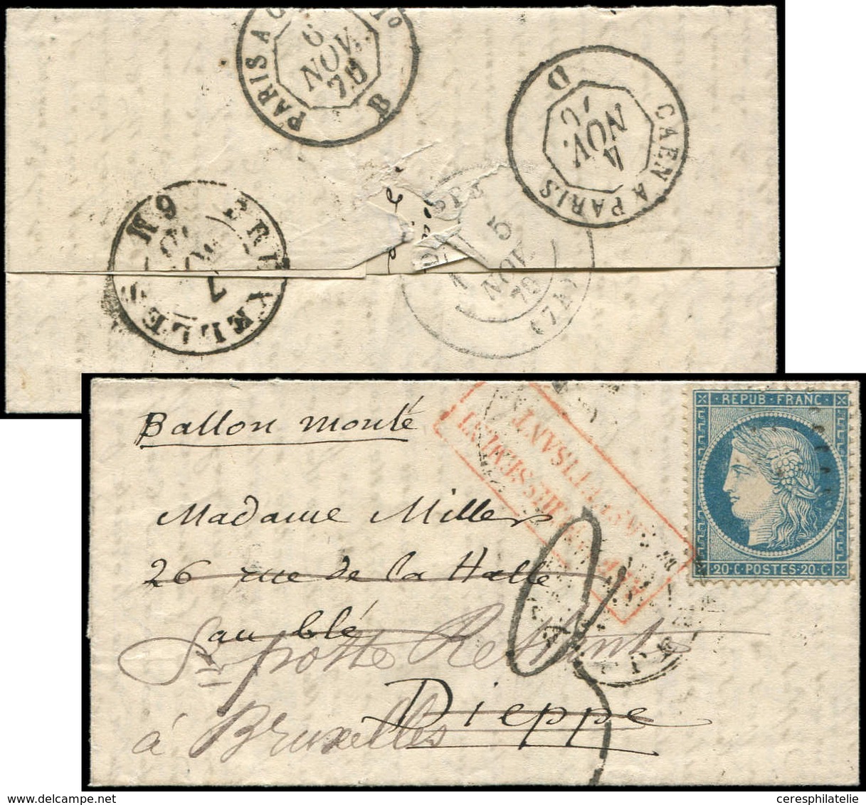 Let BALLONS MONTES - N°37 Obl. Los. PLR Faible S. LAC Du 30/10/70 Pour DIEPPE 5/11, Réexp. à BRUXELLES 7/11, Taxe Au Tam - Guerra De 1870