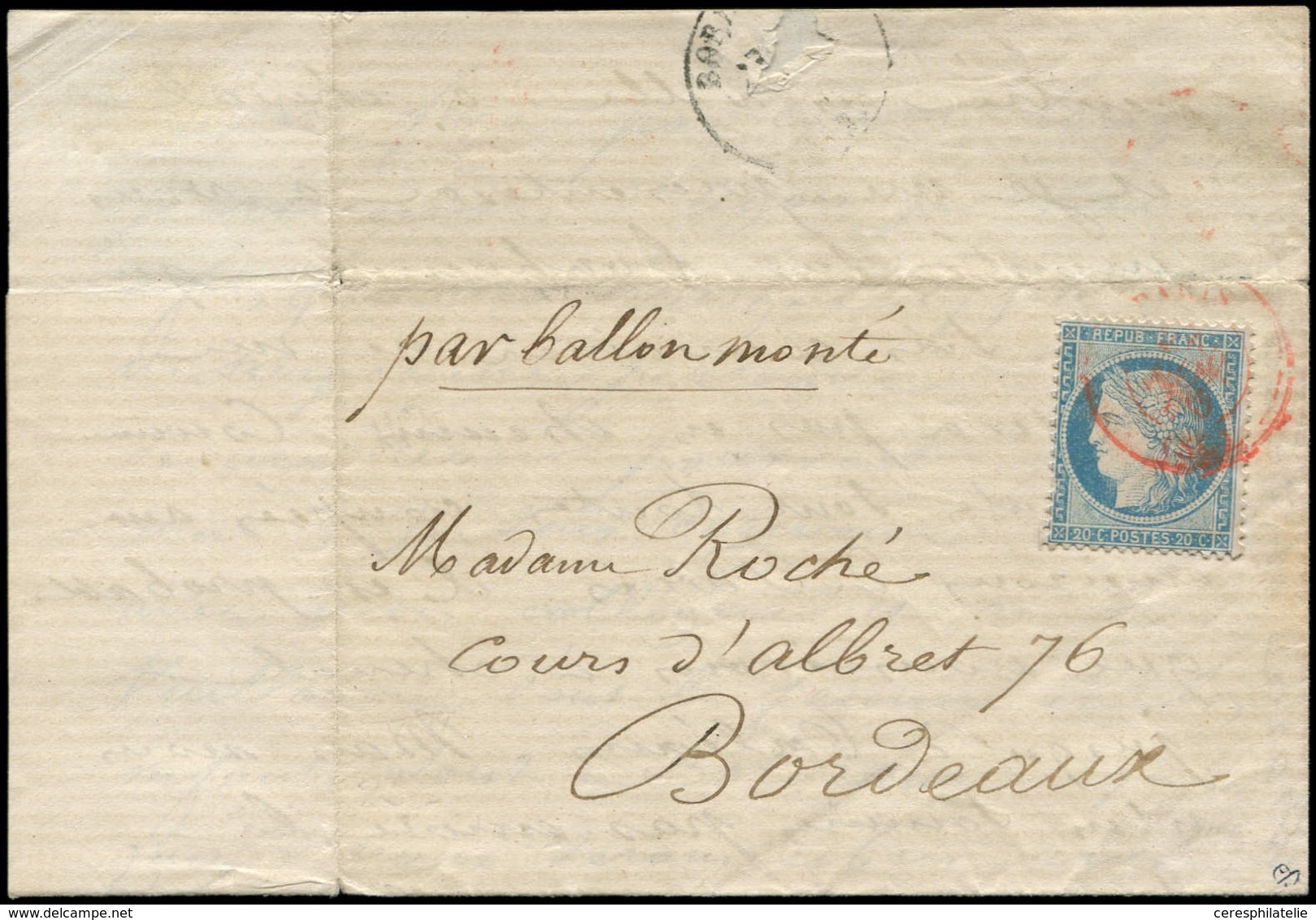 Let BALLONS MONTES - N°37 Obl. Càd Rouge PARIS/SC 2( )/11/70 S. LAC De L'Intendant Général De La Défense Nationale Du 20 - Guerra De 1870