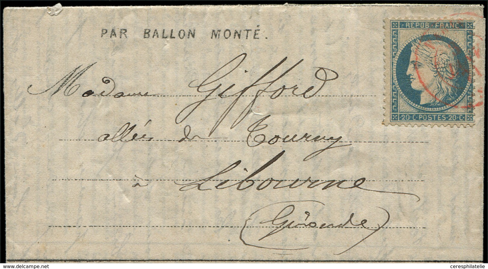 Let BALLONS MONTES - N°37 Obl. Càd Rouge PARIS (SC) 3/1/71 S. DEPECHE BALLON N°19, Arr. LIBOURNE 9/1, TB. LE NEWTON - Guerra De 1870