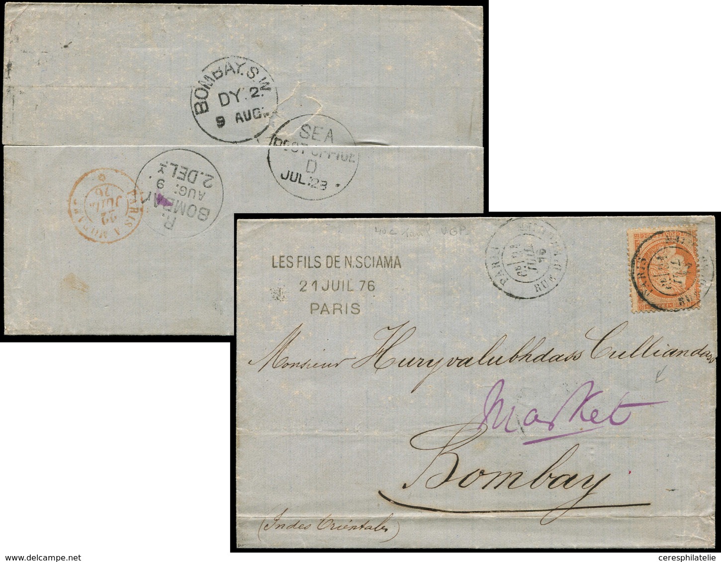 Let DESTINATIONS - N°38 Obl. Càd Rue D'Enghien 21/7/76 S. LSC, Arr. BOMBAY 9/8, TB - 1849-1876: Periodo Clásico
