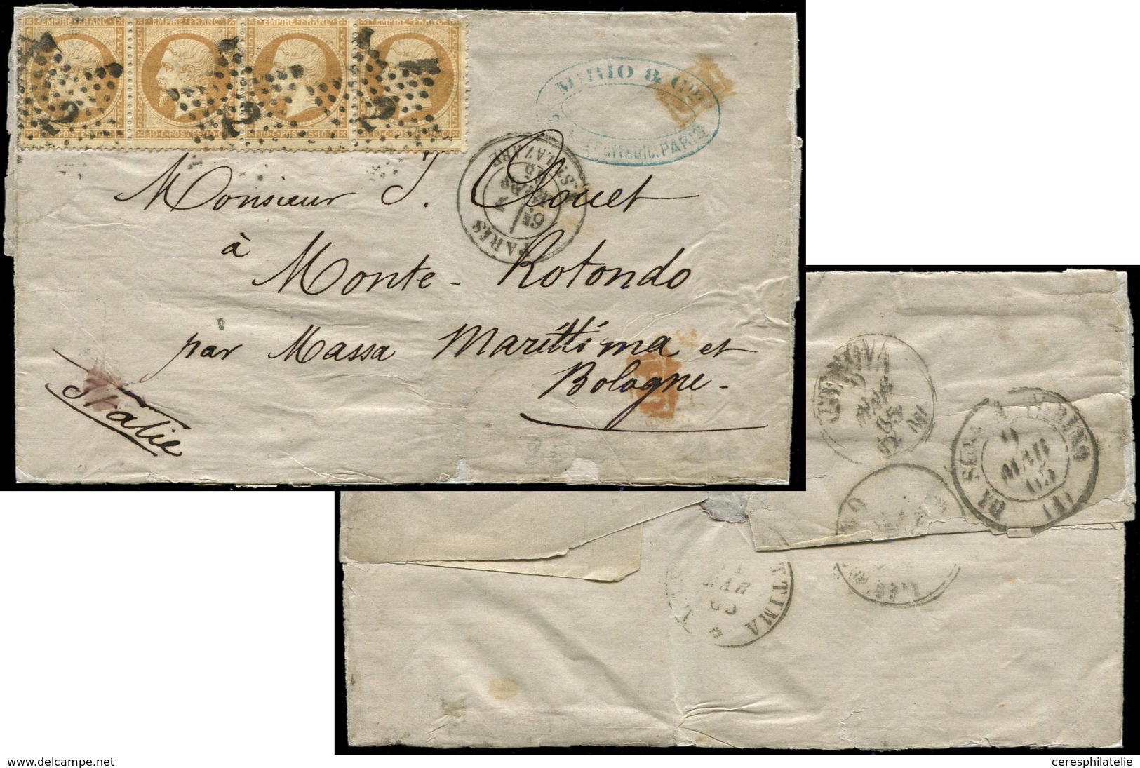 Let DESTINATIONS - N°21 BANDE De 4 Obl. Etoile 2 S. LSC, Càd R. St Lazare 7/3/65, Arr. MASSA MARITIMA, TB - 1849-1876: Periodo Clásico