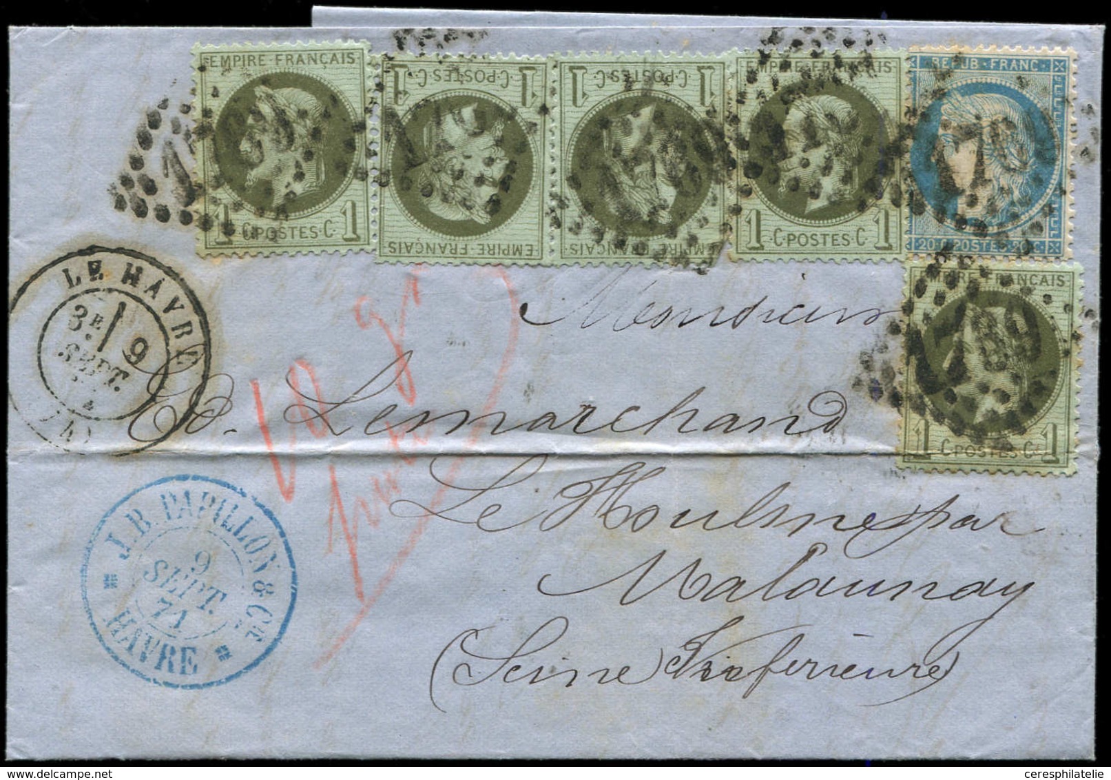 Let AFFRANCHISSEMENTS DE SEPTEMBRE 1871 - N°25 (5 Dont 2 Défx) Et 37, Obl. GC 1769 S. LAC, Càd T17 LE HAVRE 9/9/71, TB - 1849-1876: Periodo Clásico