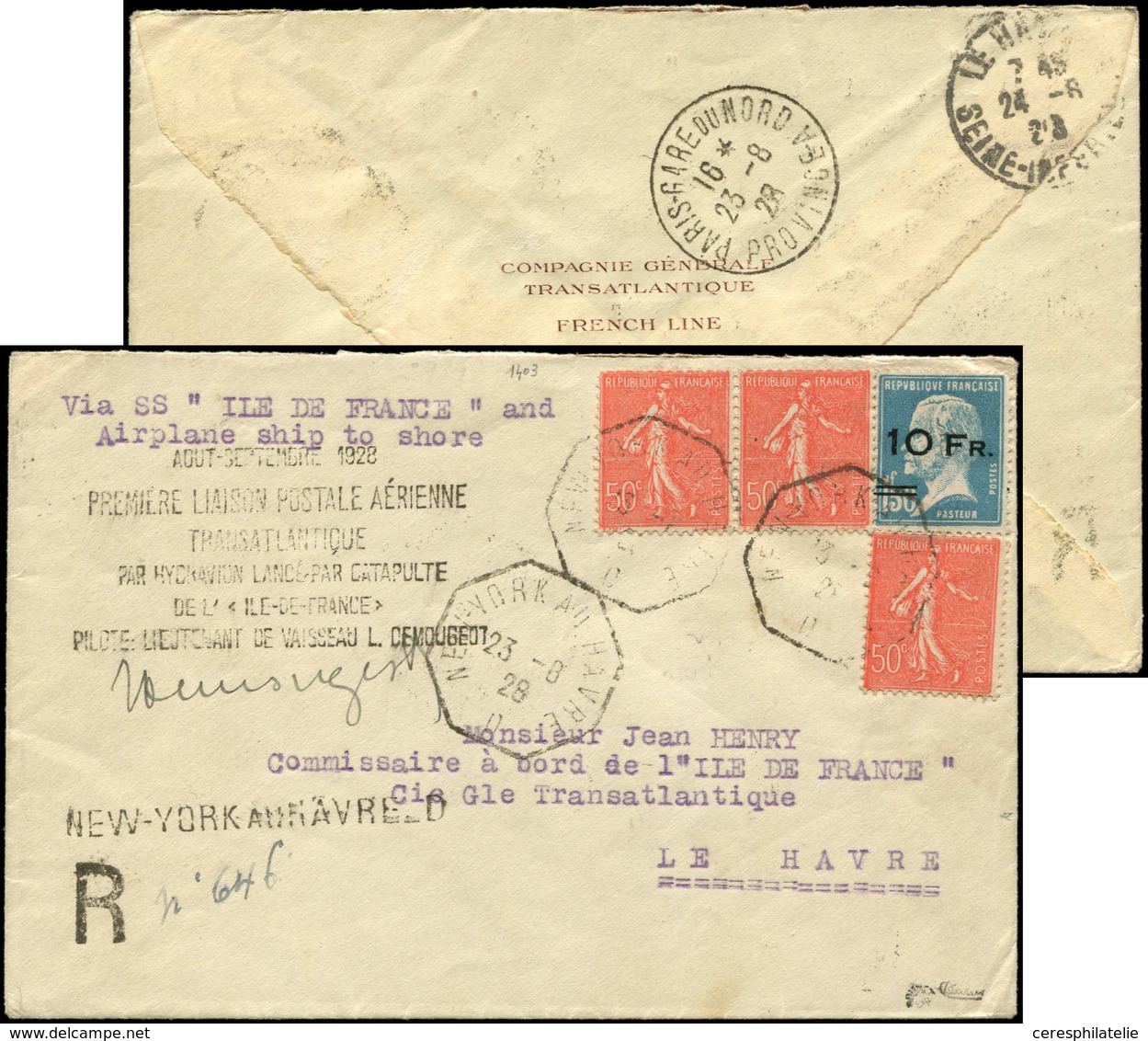 Let POSTE AERIENNE - 4   10Fr. Sur 1f.50 Bleu, Pasteur "ILE DE FRANCE" + N°199 PAIRE Et Unité, Obl. Càd Octog. NEW-YORK  - 1927-1959 Nuevos