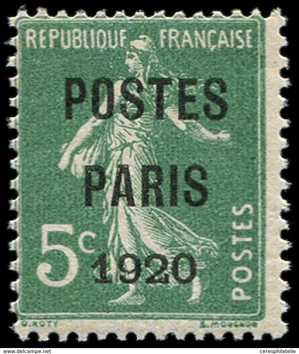 ** PREOBLITERES - 24   5c. Vert, POSTES PARIS 1920, TB, Certif. Scheller - 1893-1947