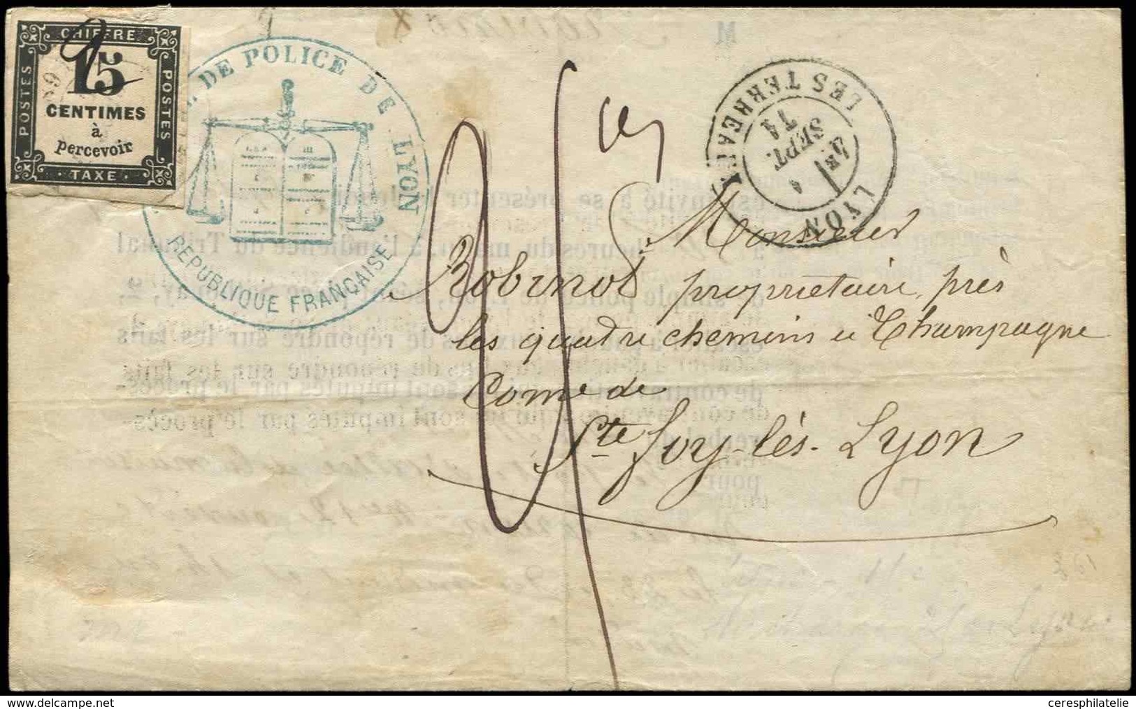 Let TAXE - 3A  25 S. 15c., 2 MANUSCRIT, Obl. Càd LYON LES TERREAUX 1/9/71, 1er JOUR Du Nouveau Tarif, RR, Superbe - 1859-1959 Cartas & Documentos