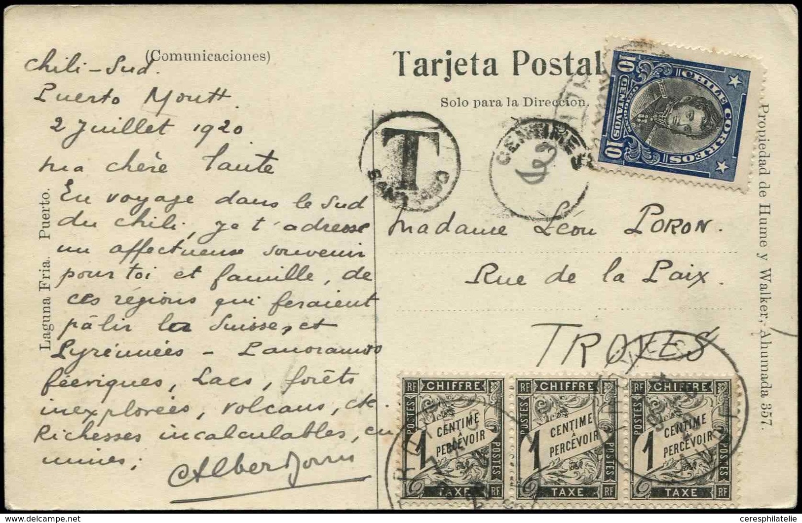 Let TAXE - 10   1c. Noir, BANDE De 3 Obl. Càd TROYES 9/8/20 S. CP Affr. 10c. Du CHILI, TB - 1859-1959 Cartas & Documentos