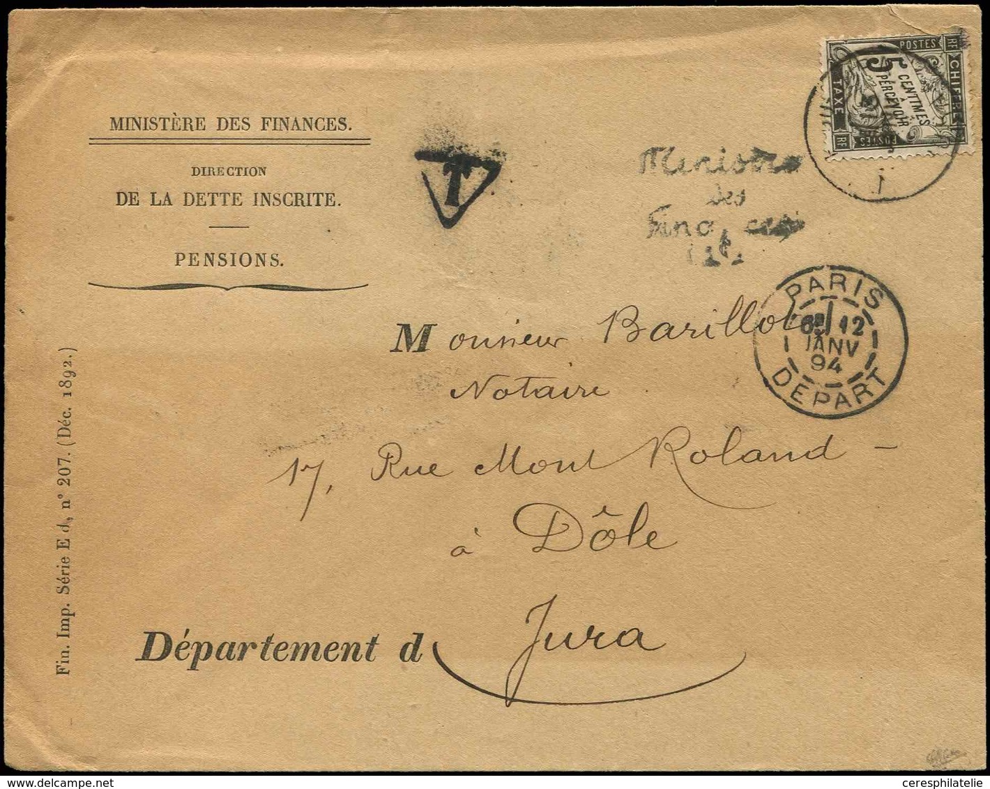 Let TAXE - 16  15c. Noir, Obl. Càd 13/1/94 S. Env. à Entête "Ministère Des Finances" Et Griffe Triangulaire T, Arr. DOLE - 1859-1959 Cartas & Documentos