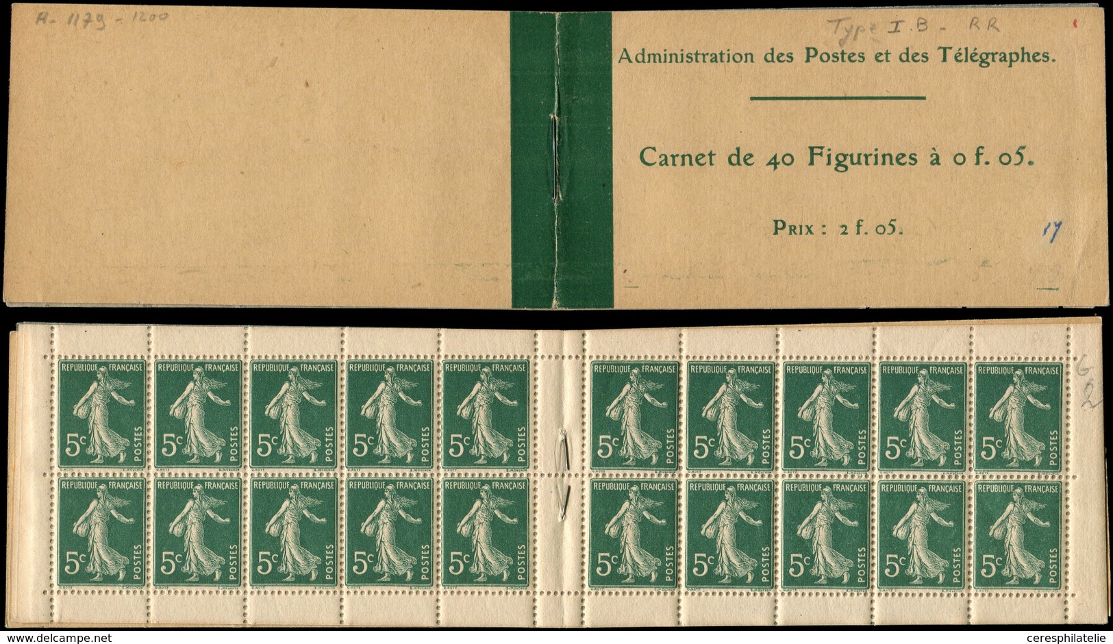 CARNETS (N° Yvert) - 137-C1    Semeuse Camée,  5c. Vert, N°137, T I, Couv. 2f.05, TB - Otros & Sin Clasificación