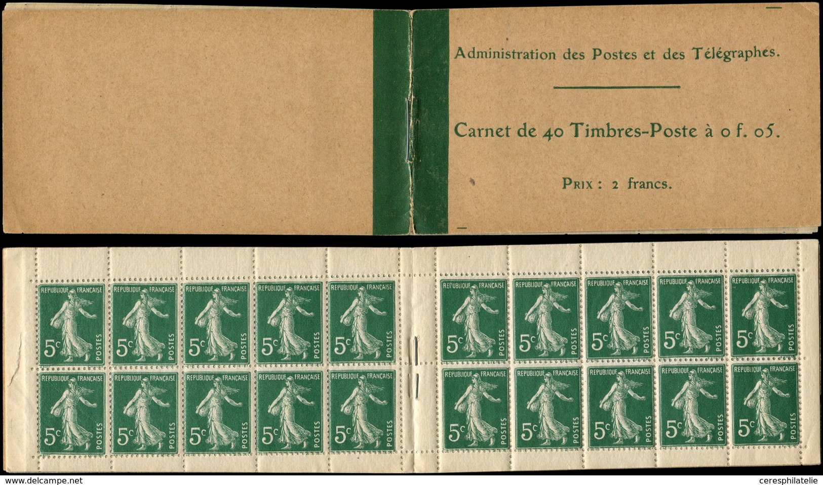 CARNETS (N° Yvert) - 137-C3    Semeuse Camée,  5c. Vert, N°137d, T II, Couv. Papier épais, TB - Otros & Sin Clasificación