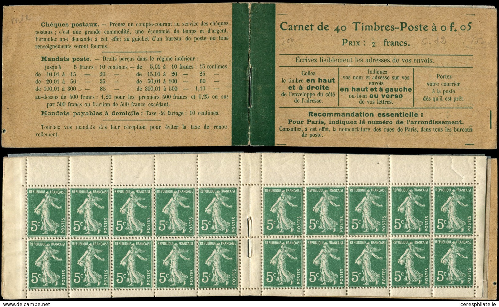 CARNETS (N° Yvert) - 137-C9    Semeuse Camée,  5c. Vert, N°137d, T II, Couv. Postale, Loi Du 29/3/20, TB - Otros & Sin Clasificación