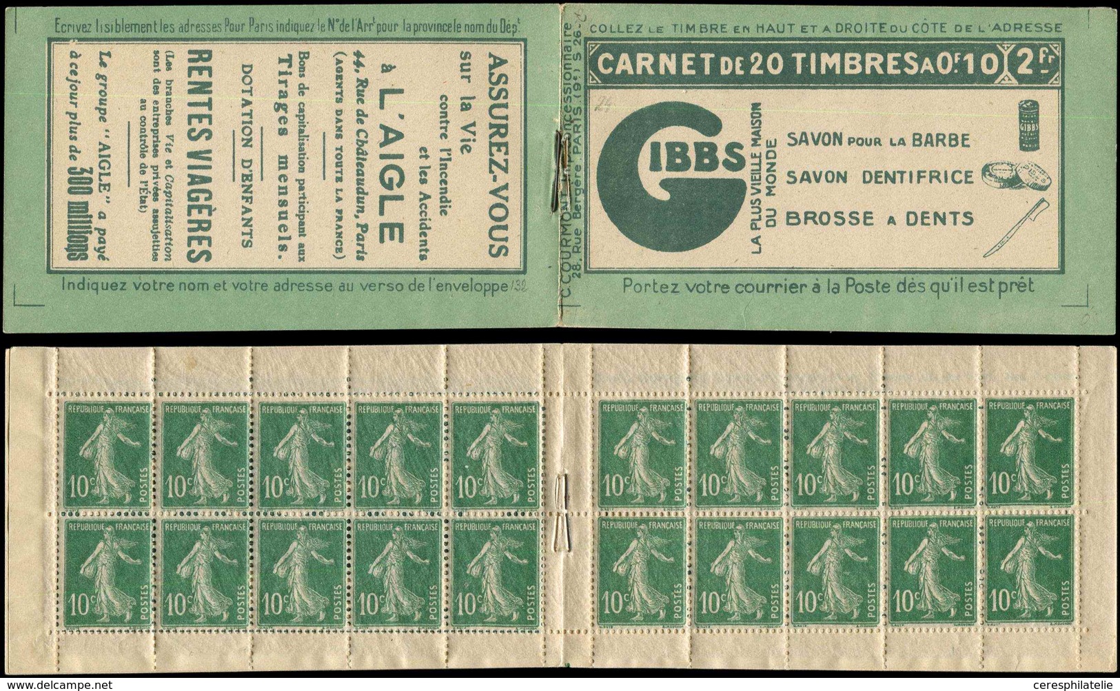 CARNETS (N° Yvert) - 159-C1    Semeuse Camée, 10c. Vert, N°159c, T IC, S. 26, GIBBS, Un Ex. Cdf Défx, Papier Sulfurisé, - Otros & Sin Clasificación