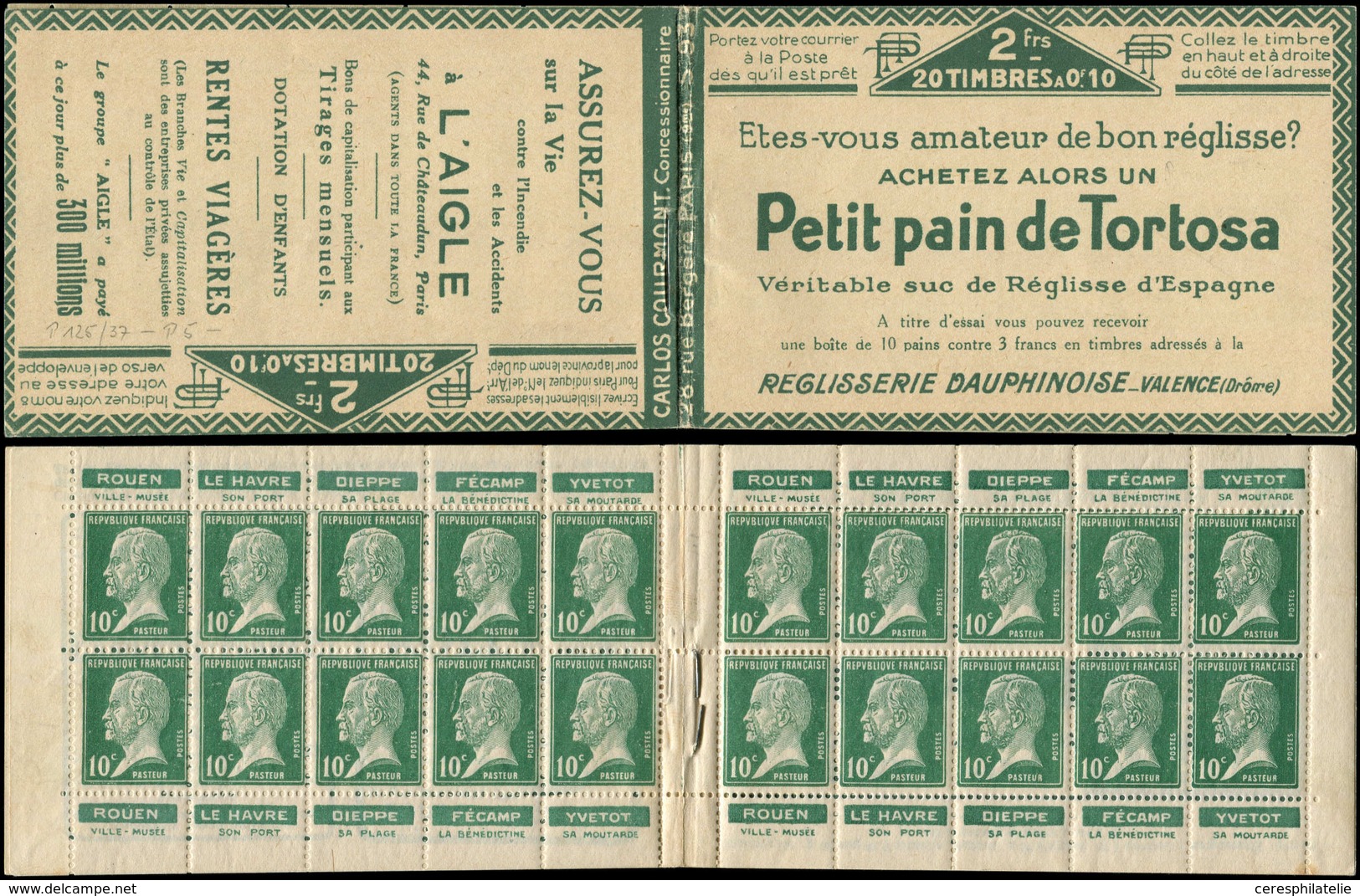 CARNETS (N° Yvert) - 170-CP 2   Pasteur, 10c. Vert, N°170, S. 93, TORTOSA-L'AIGLE, Villes De Normandie, TTB - Otros & Sin Clasificación