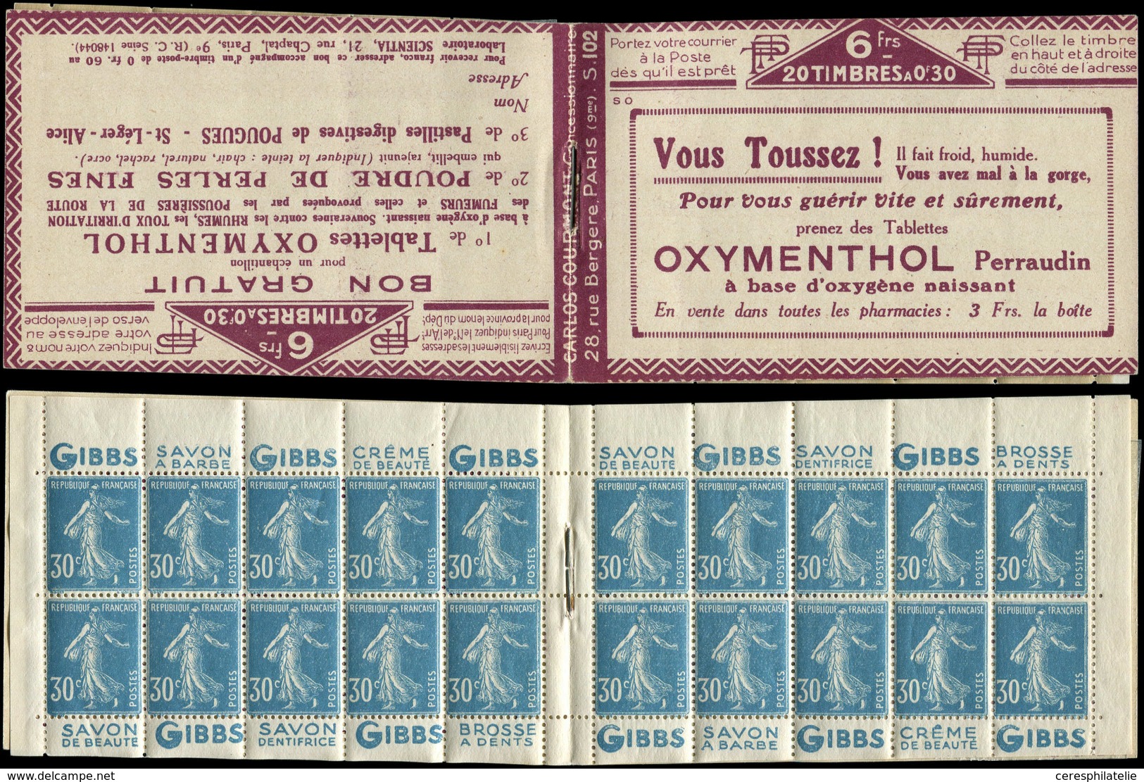 CARNETS (N° Yvert) - 192-C2    Semeuse Camée, 30c. Bleu, N°192b, T IIB, S. 102-SO, OXYMENTHOL, TB - Otros & Sin Clasificación