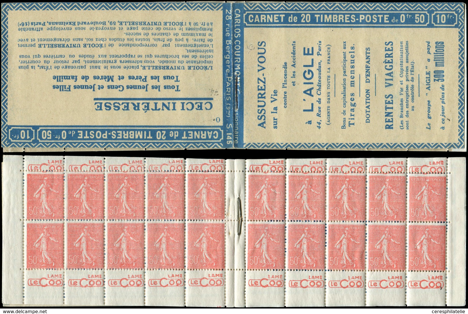 CARNETS (N° Yvert) - 199-C2    Semeuse Lignée, 50c. Rouge, N°199c, T I, S. 145-O, EU/L'AIGLE, Rare Et Superbe - Otros & Sin Clasificación