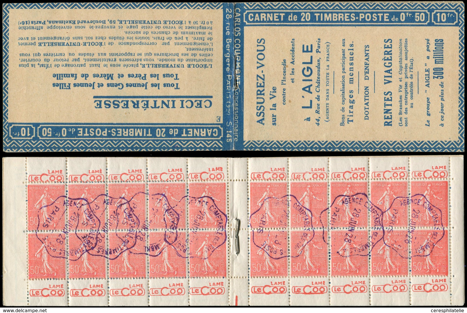 CARNETS (N° Yvert) - 199-C2ac  Semeuse Lignée, 50c. Rouge, N°199c, T I, S. 145-E, L'AIGLE, Annulation De L'Agence Compta - Otros & Sin Clasificación