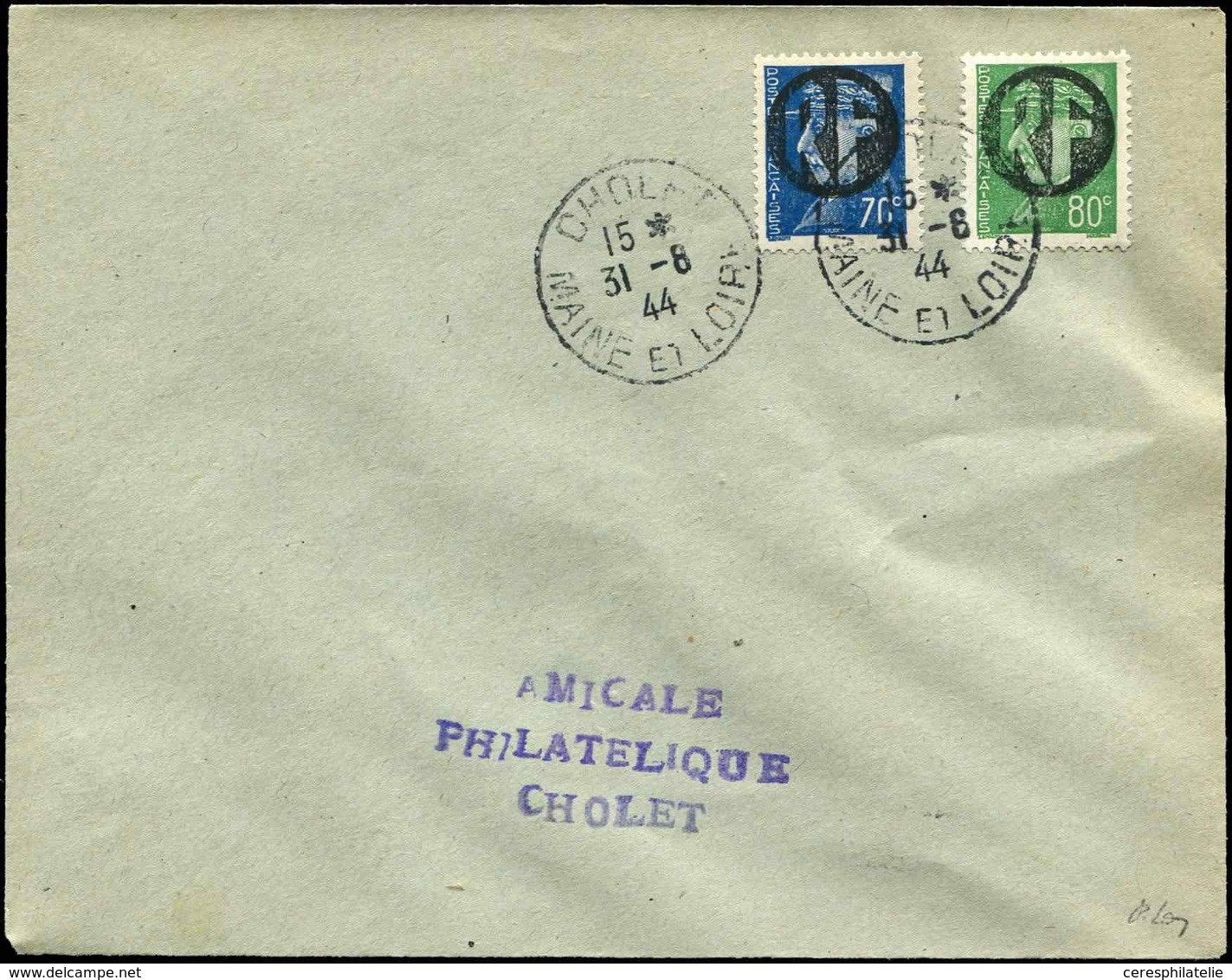 Let TIMBRES DE LIBERATION - CHOLET 11 Et 12 : 70c. Bleu Et 80c. Vert Obl. 31/8/44 S. Env., TB, Signé Mayer - Liberación