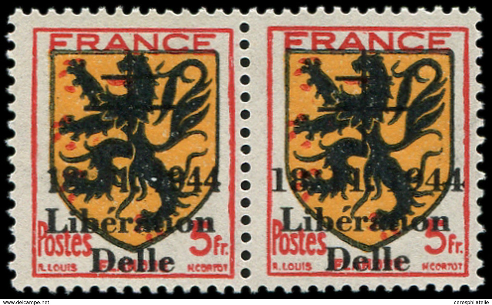 ** TIMBRES DE LIBERATION - DELLE 25C : 5f. Rouge, Noir Et Orange, T I Et II Se Tenant, TB, Signé Mayer - Liberación