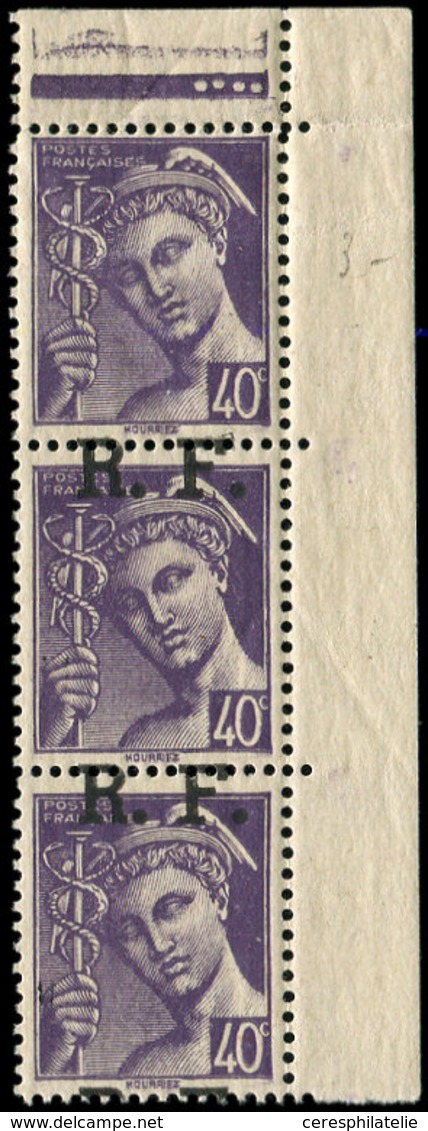 ** TIMBRES DE LIBERATION - LYON 4 : 40c. Violet, BANDE De 3 Cdf, Surcharge Très Déplacée, Un Ex. Sans Surcharge, TB - Liberación