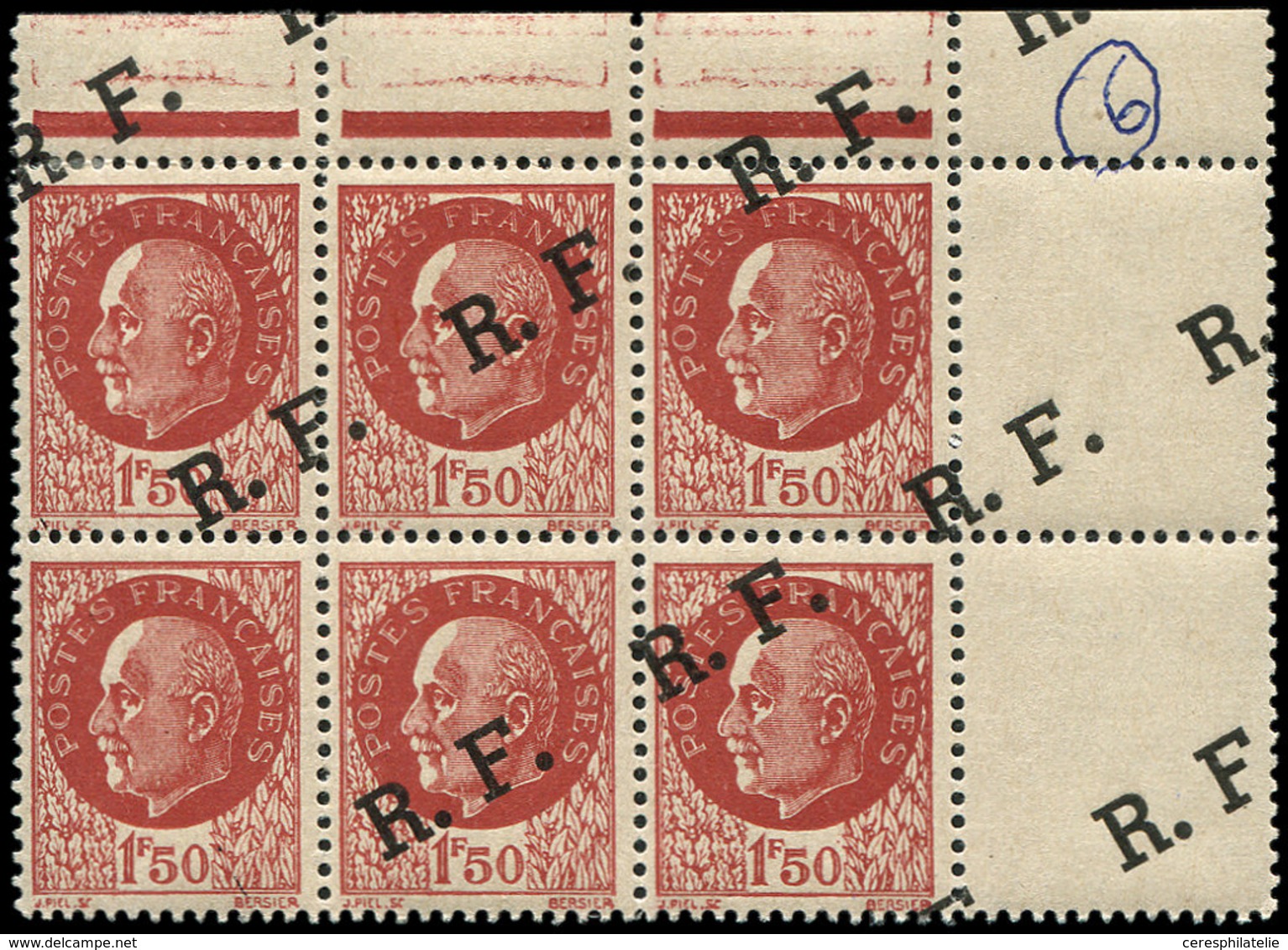 ** TIMBRES DE LIBERATION - LYON 11 : Pétain, 1f50 Brun-rouge, BLOC De 6 Cdf, Surcharge En DIAGONALE, Un Ex. SANS Surchar - Liberación