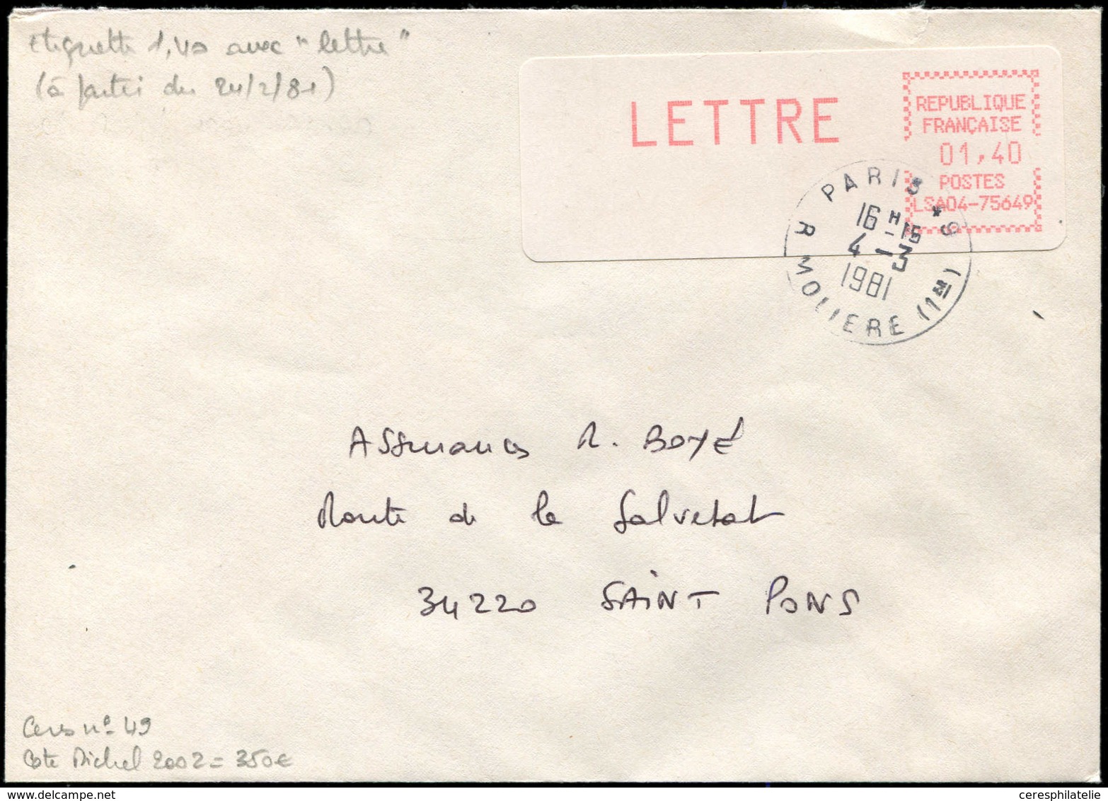 Let Spécialités Diverses - L.S.A. 49 : LS04-75649, LETTRE 1,40 Obl. PARIS 49 4/3/81 S. Env., TB, Cote Michel - Cartas & Documentos