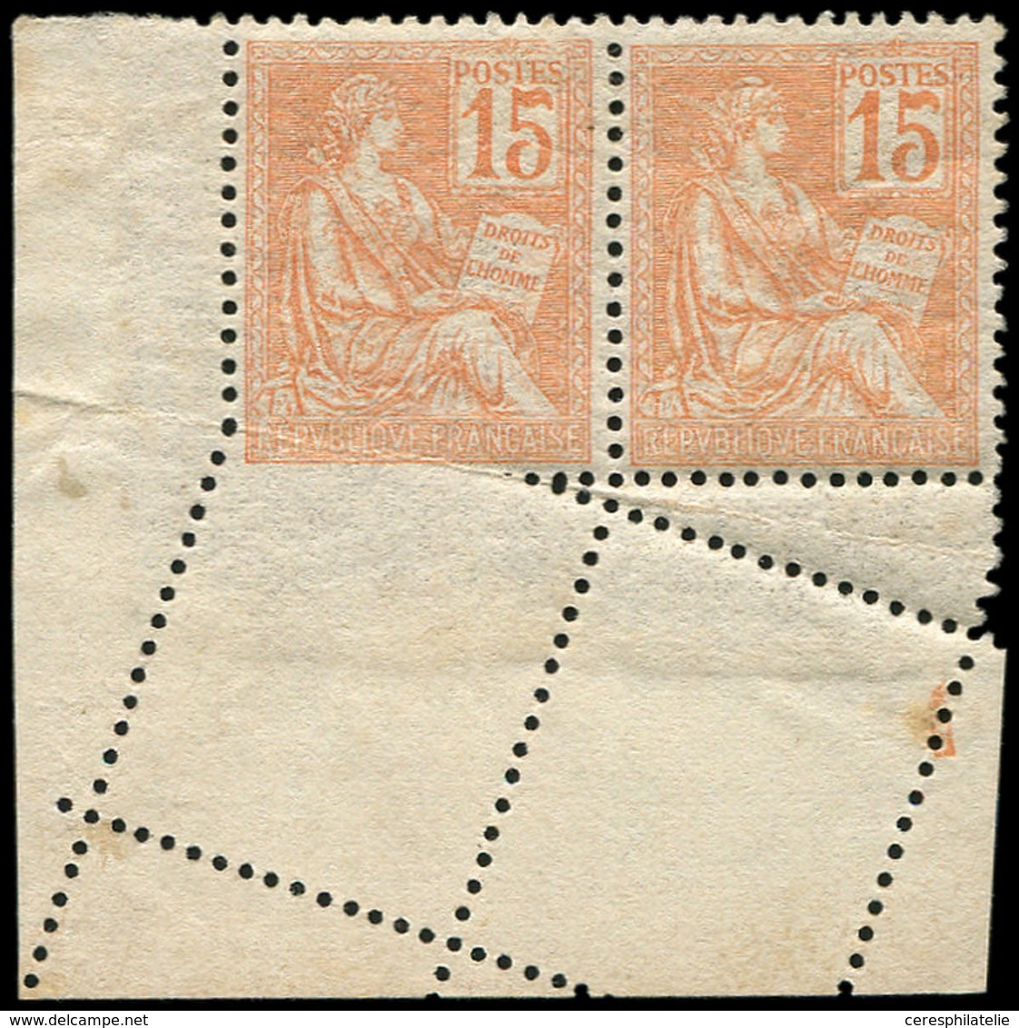 * VARIETES - 117   Mouchon, 15c. Orange, Piquage OBLIQUE Dans Une PAIRE Cdf, TB - Nuevos