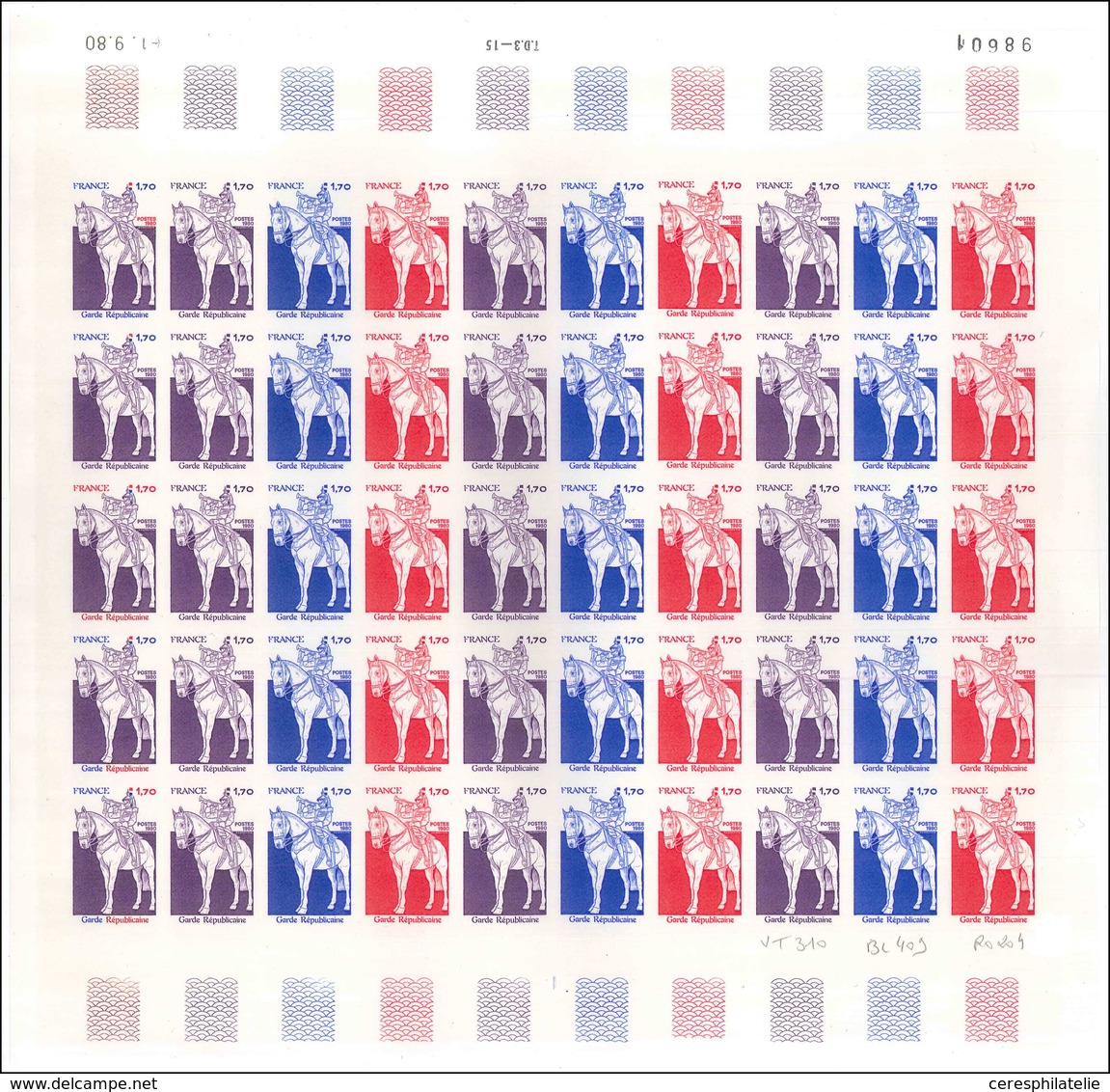 ** ESSAIS DE COULEURS NON DENTELES - 2115   Garde Républicaine, FEUILLE De 50 ESSAIS De COULEUR, Dont 5 Multicolores, TB - Otros & Sin Clasificación