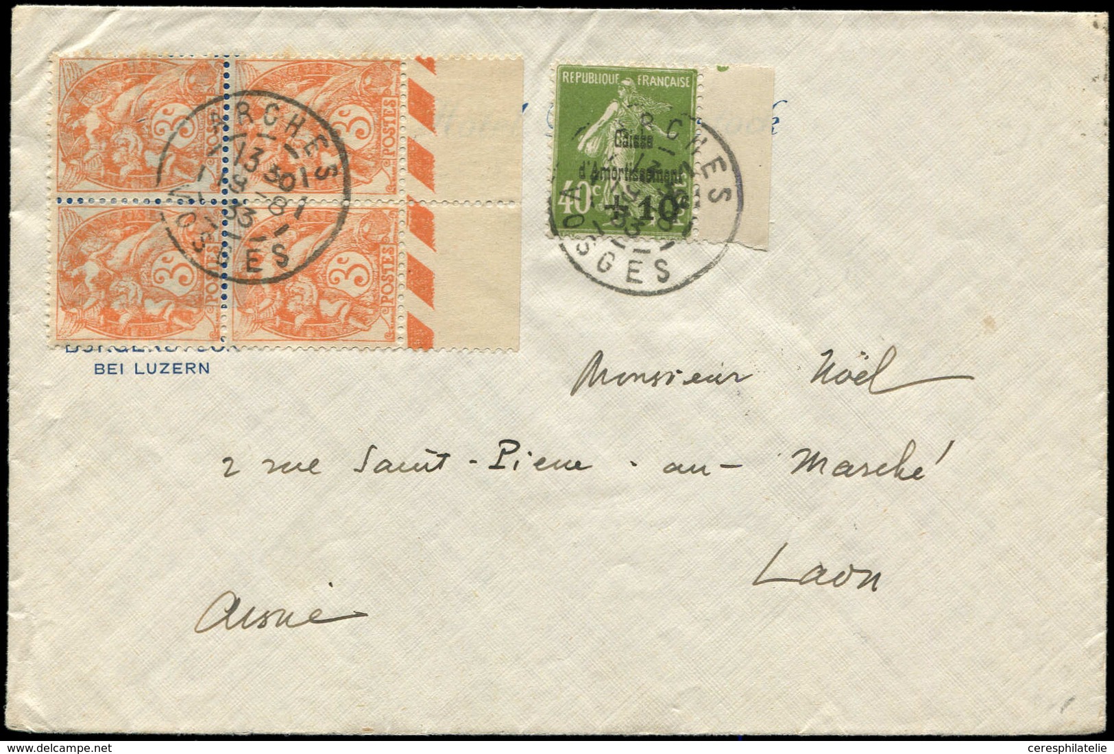 Let LETTRES DU XXe SIECLE - N°109 BLOC De 4 Bdf Et N°275 Obl. ARCHES 18/8/33 Sur Env., TB - Cartas & Documentos