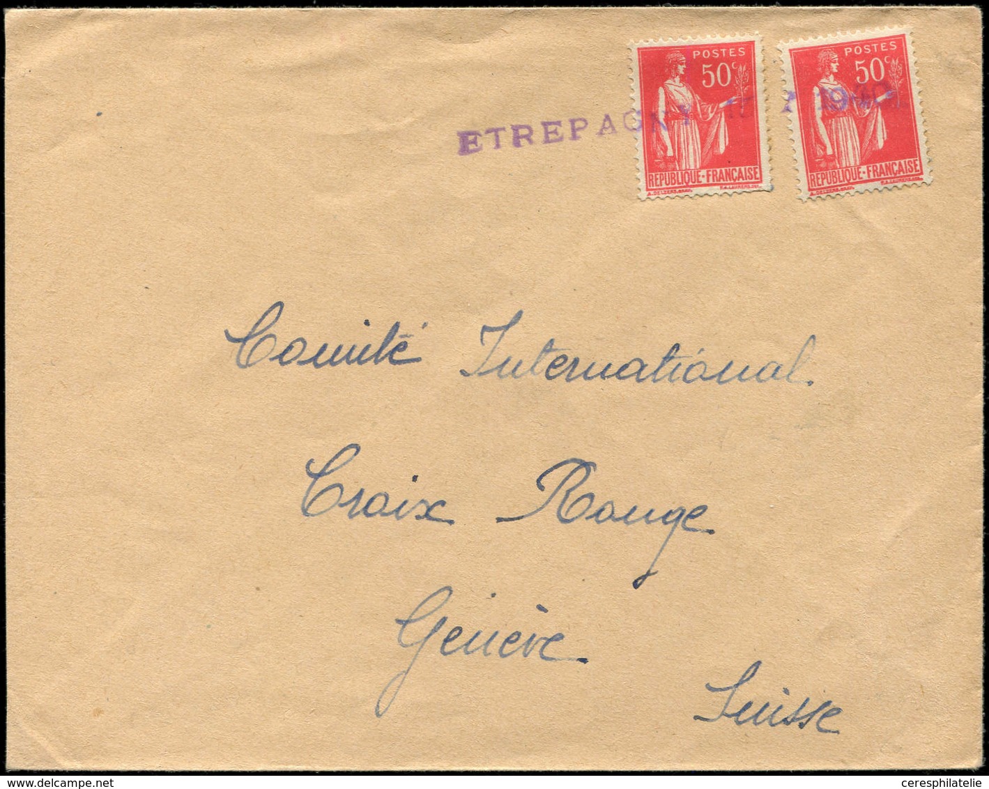 Let LETTRES DU XXe SIECLE - N°283 (2) Obl. Linéaire ETREPAGNY 15-7 1940 En Violet S. Env. Pour La Croix-Rouge, Cachet Pr - Cartas & Documentos