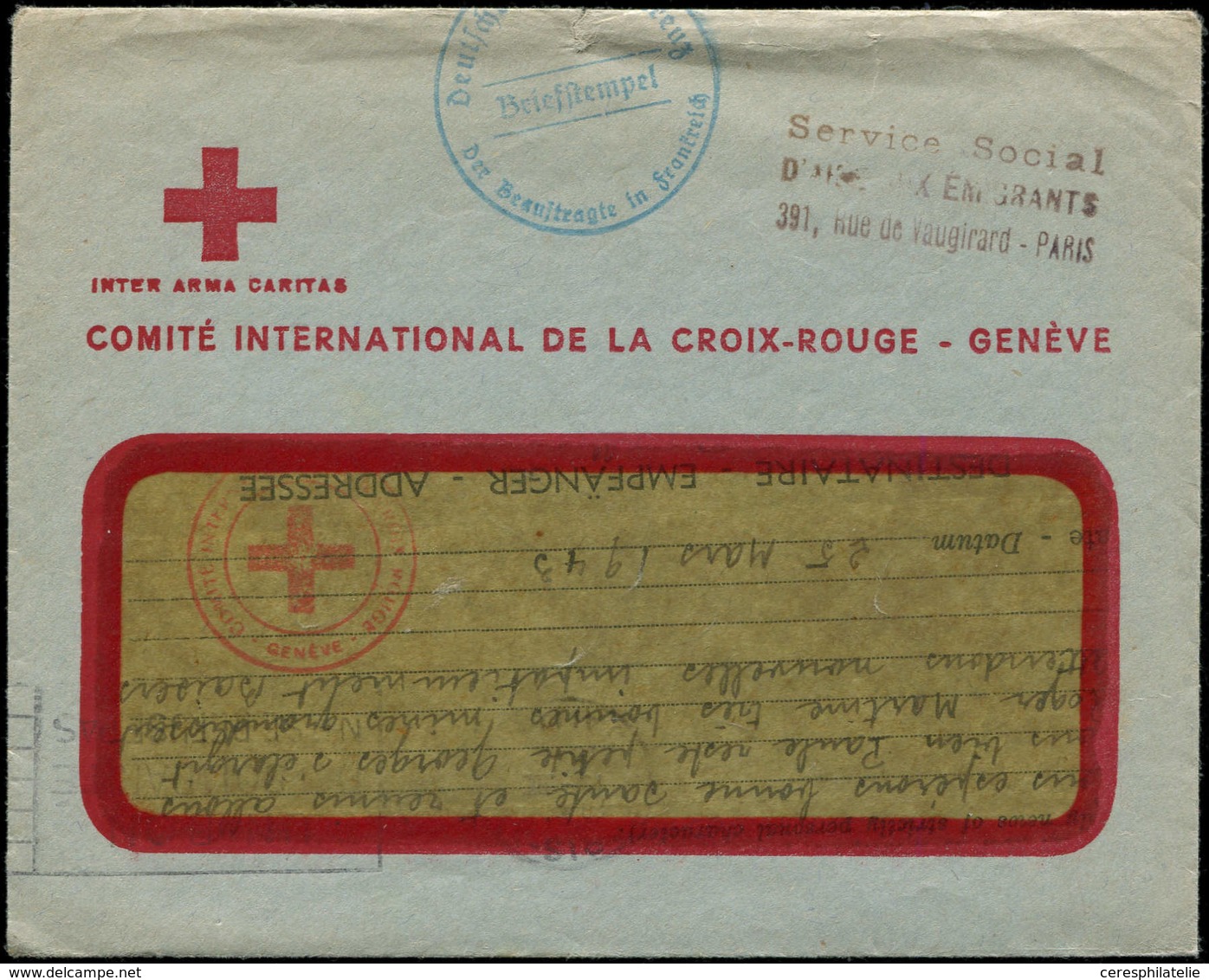 Let Guerre 1939/1945 - Message Croix Rouge Algérie-France Avec Son Env. De Réexp., Cachet Deutsches Rotes Kreuz, R Et TB - Guerra De 1939-45