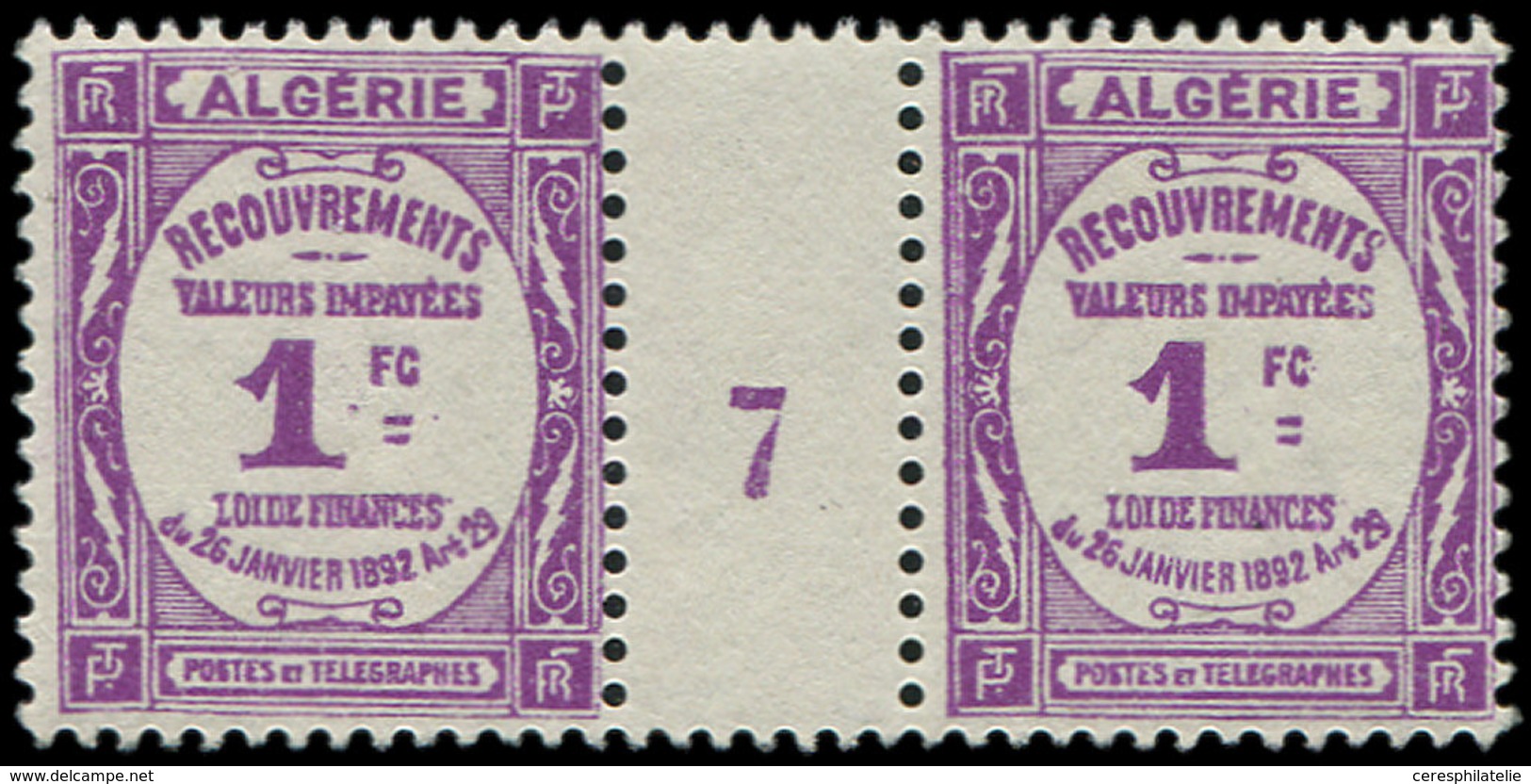 ** ALGERIE Taxe 19 : Recouvrements, 1f. Lilas, PAIRE Mill.7, TB - Postage Due