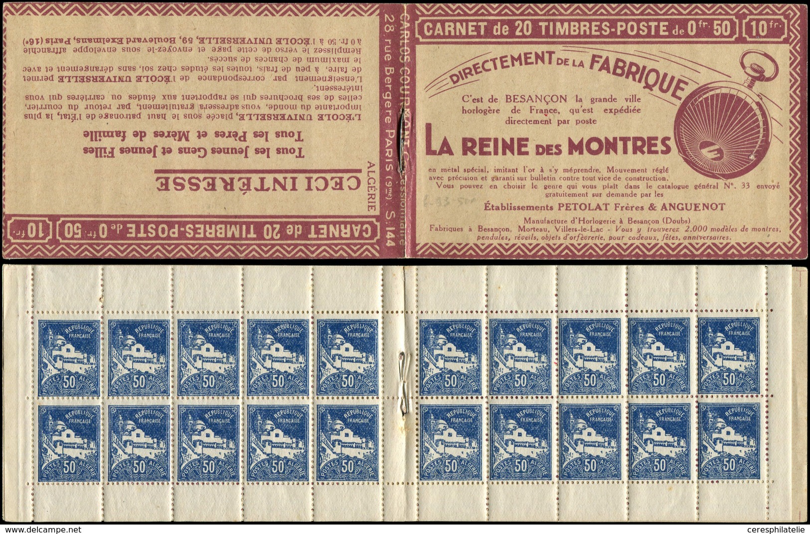 ALGERIE Carnet 13B : 50c. Bleu, S. 144, REINE DES MONTRES, TTB, Cote Et N° Maury - Other & Unclassified