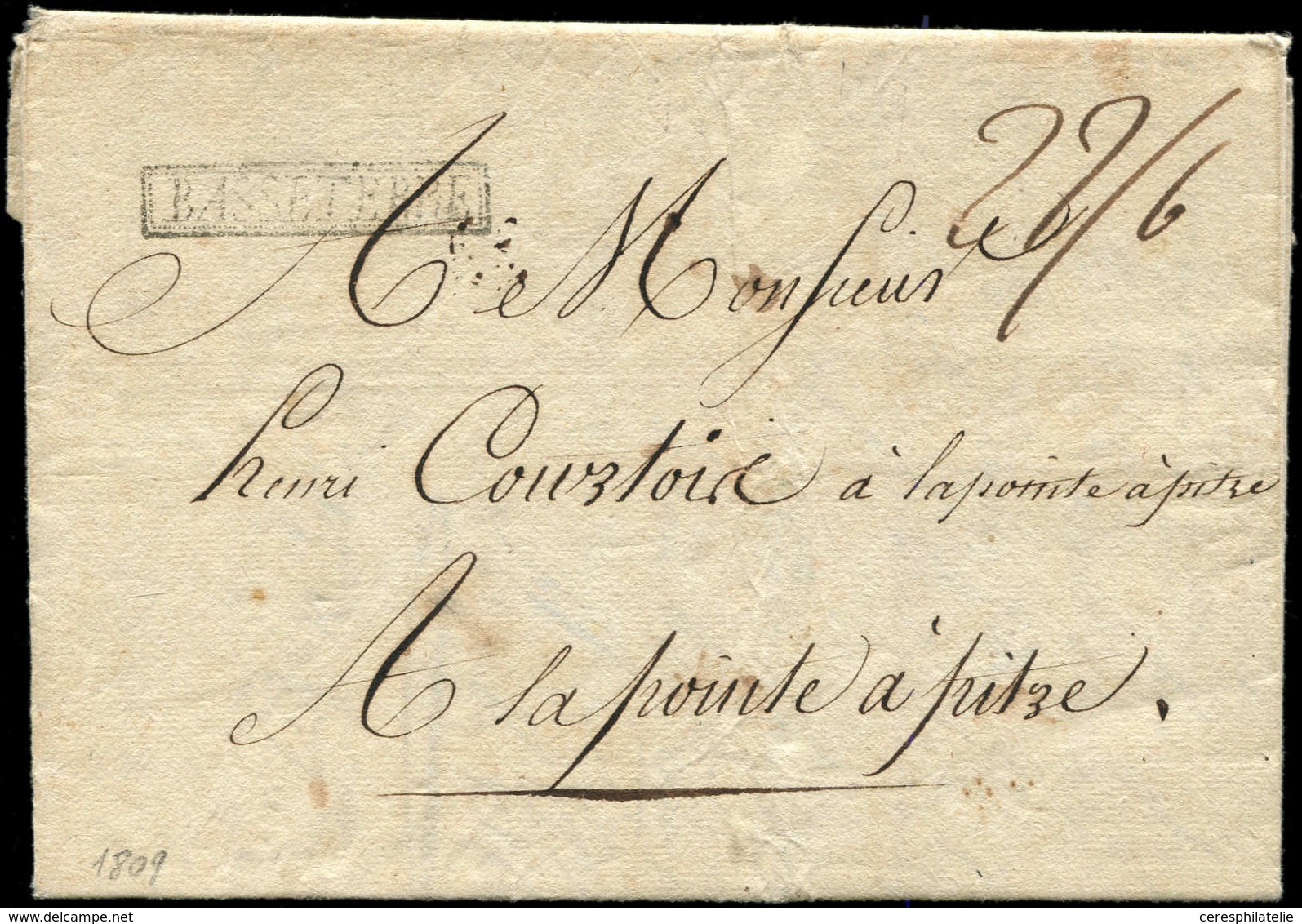 Let GUADELOUPE MP Encadrée BASSE TERRE Sur LAC De 1809 Pour POINTE A PITRE, TB - Autres & Non Classés