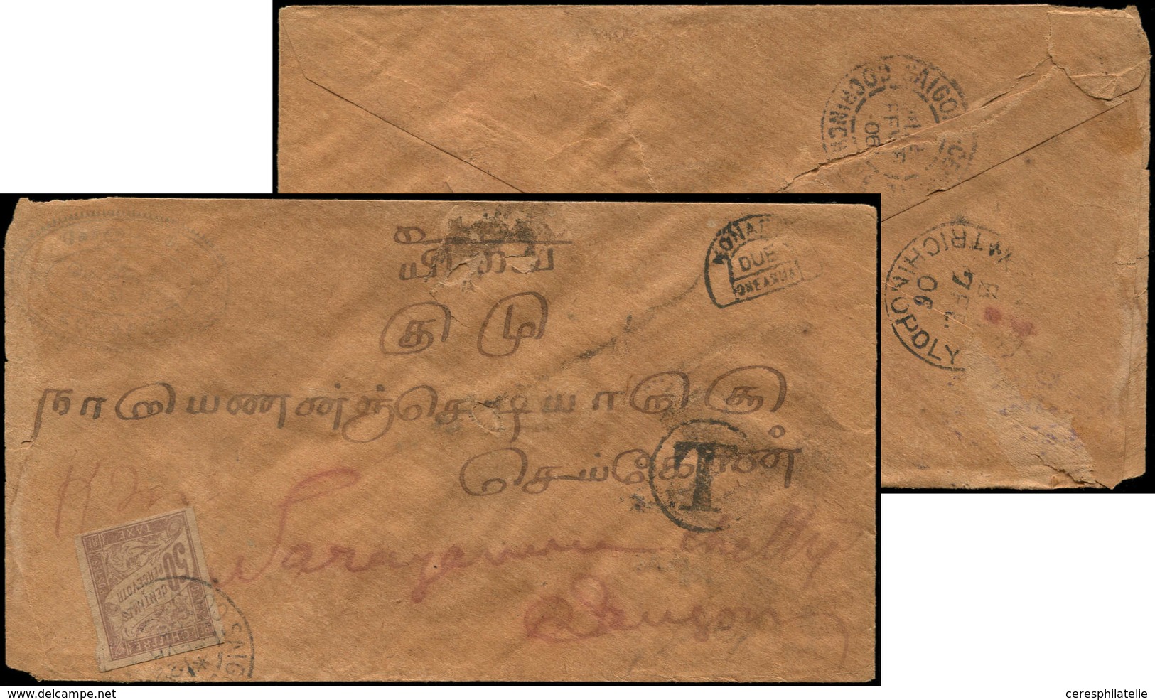 Let INDOCHINE CG Taxe N°23 50c. Violet Obl. SAIGON 22/2/06 Sur Env. Consolidée, Cachet Demi-cercle (K)ONA(PUR)/DUE/ONE A - Other & Unclassified