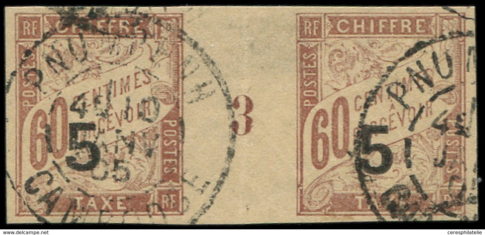INDOCHINE Taxe 1 : 5 S. 60c. Brun S. Chamois, PAIRE Mill.3, Obl., TB - Other & Unclassified