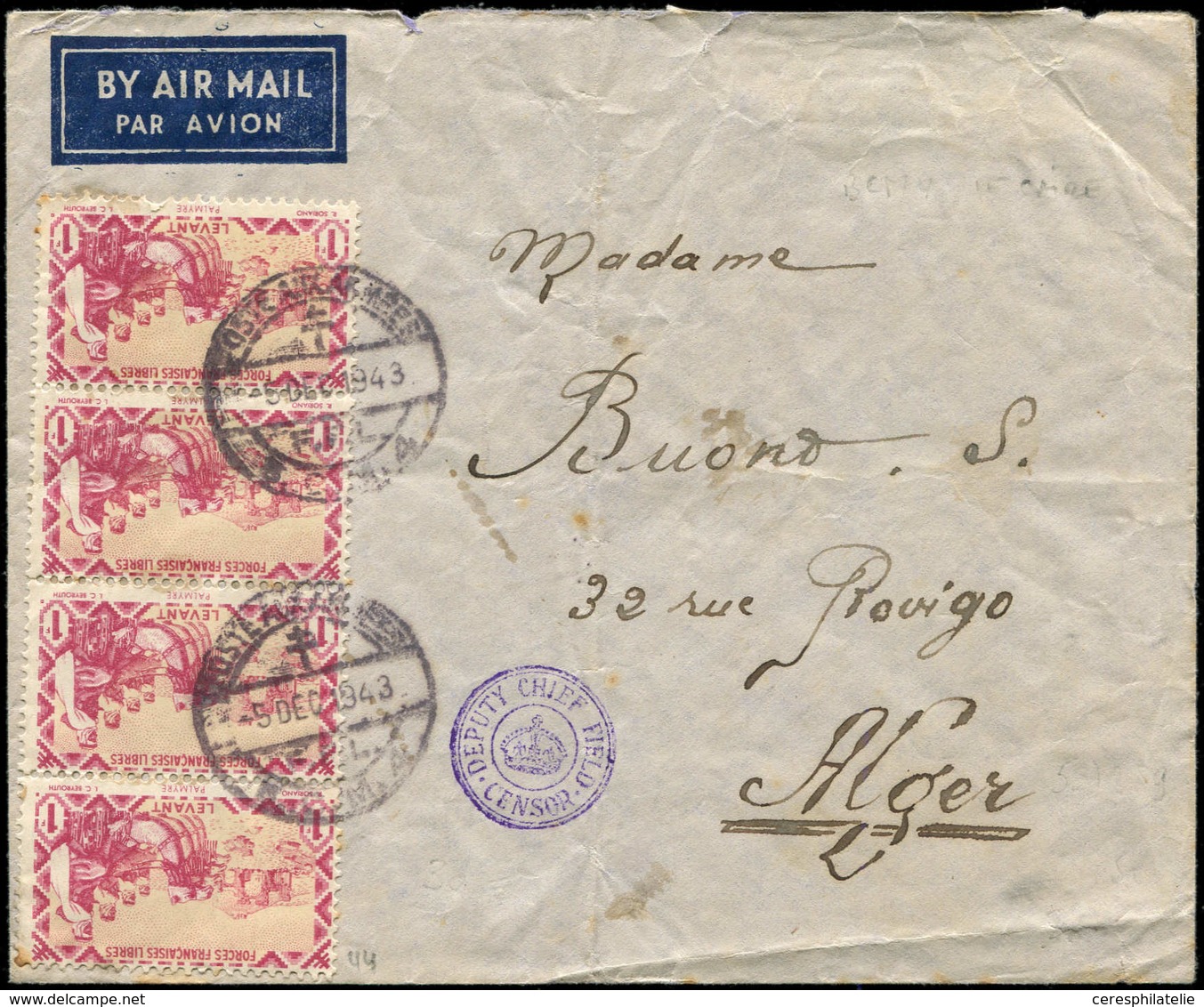 Let LEVANT 44 : 1f. Rose, BANDE De 4 Obl. POSTE AUX ARMEES/FFL/BCM4 (Le Caire) 9/12/43 S. Env. Pour ALGER, TB - Other & Unclassified