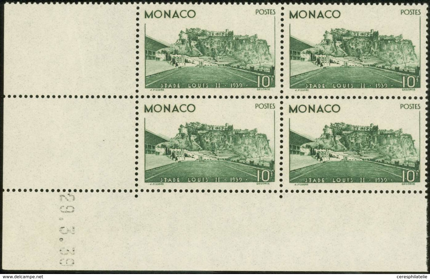 ** MONACO 184 : 10f. Vert, Stade Louis II, BLOC De 4 Cdf Daté 29/3/39, TB - ...-1885 Prephilately