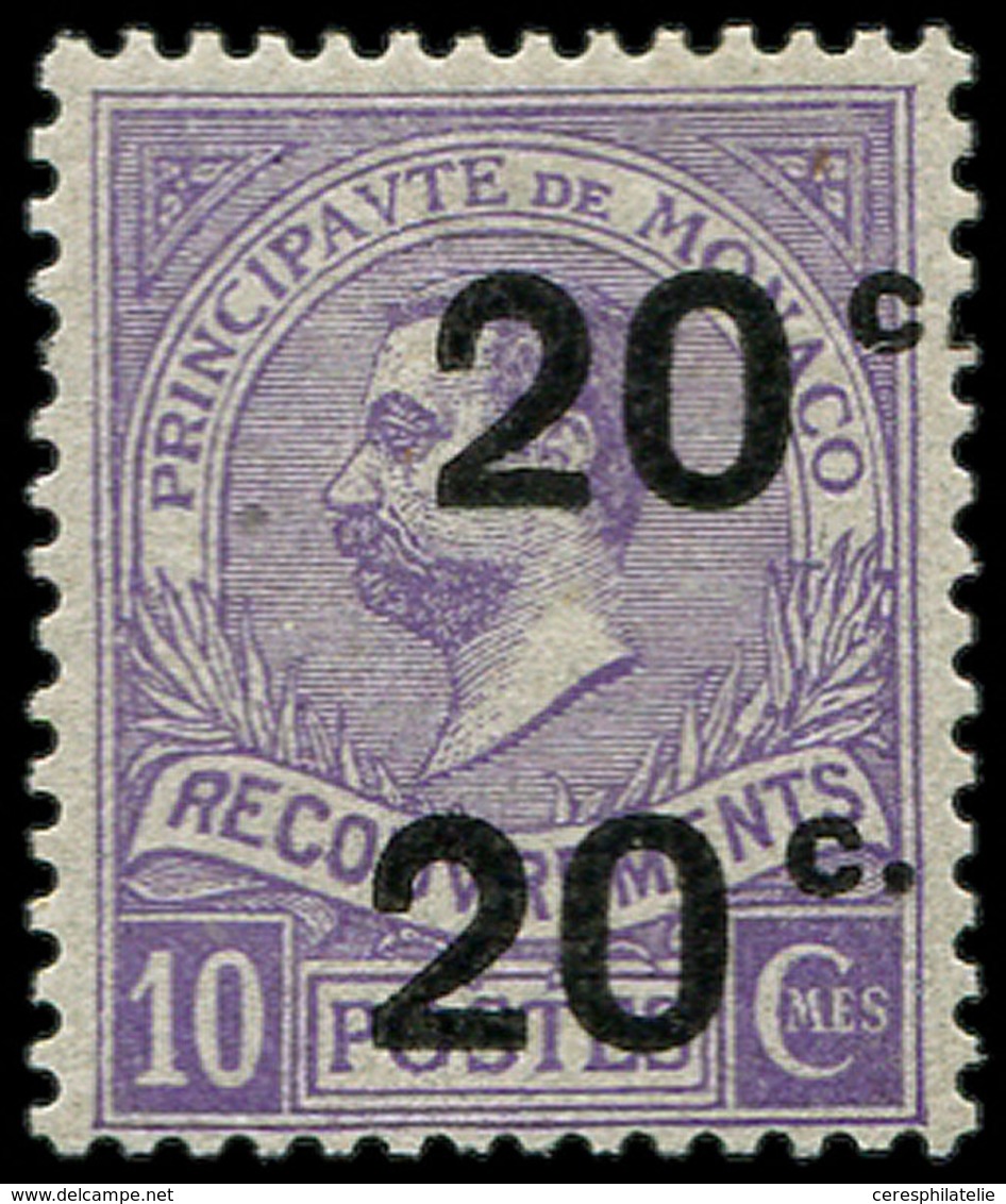 * MONACO Taxe 11a : 20c. S. 10c. Violet, DOUBLE Surch., TB - Impuesto